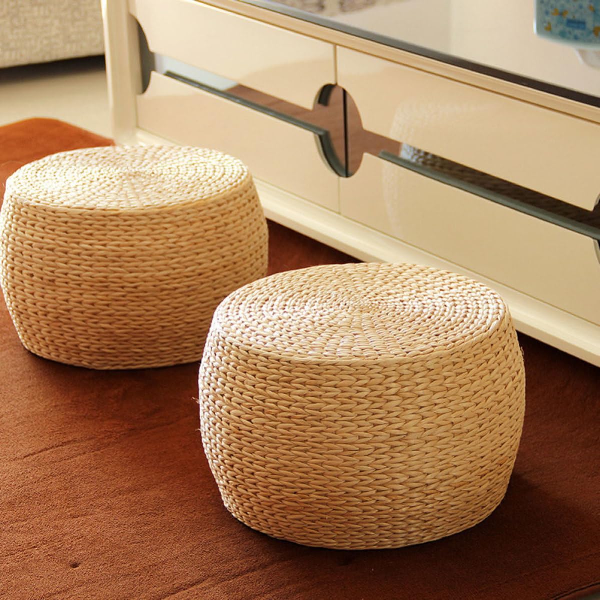 Healeved Sgabello in Rattan Intrecciato Antiscivolo per Casa, Struttura Solida e Design Moderno, Pouf Ottomano per Ingresso e Decorazione Domestica
