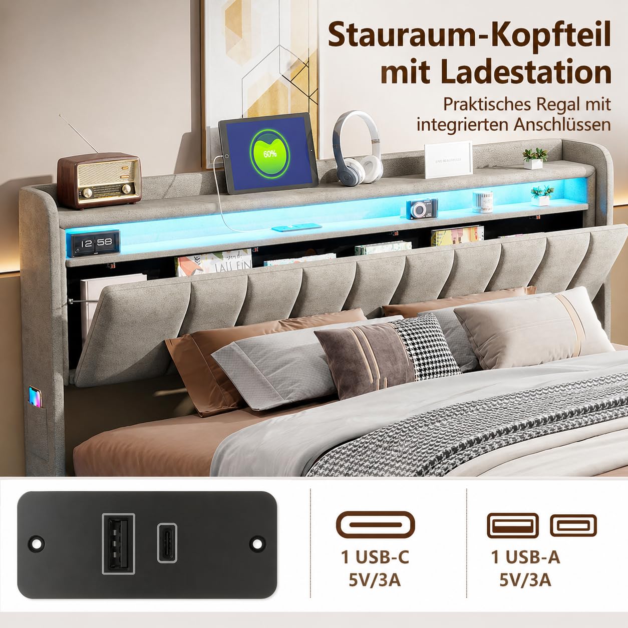 Letto imbottito 140x200 cm, letto con spazio di archiviazione idraulico con LED e stazione di ricarica USB, struttura del letto con rete a doghe e spazio di archiviazione nella testata, letto