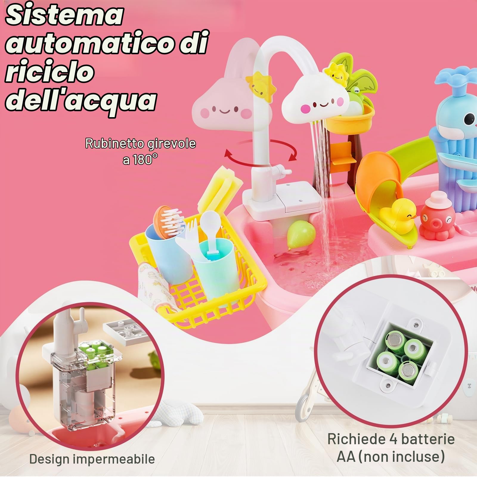 Cucina Giocattolo per Bambini,Lavandino Bambini con Acqua Vera,Rubinetto Aggiornato,Gioco di Pesca e Accessori da Cucina,set cucina bambini,Giocattoli di Ruolo per Ragazzi Ragazze 3 4 5 6(Rosa)