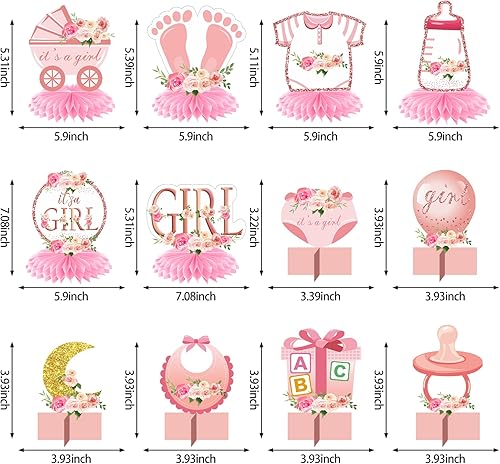 Miniatura 2 de 12Pcs Pink Rose Gold Baby Shower Decorations Honeycomb Centerpieces for Girls, Floral It's a Girl Gender Reveal Table Centerpiece Party Supplies,