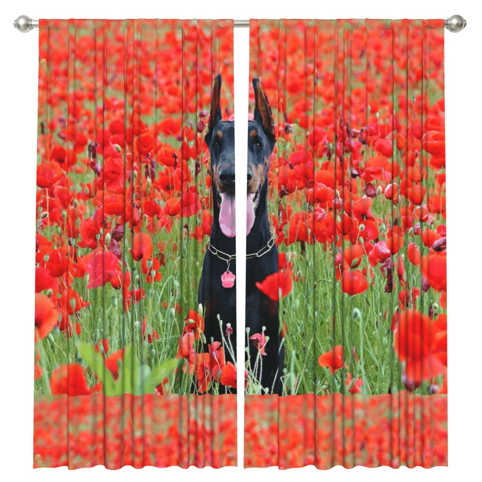 InOmak Doberman Pinscher In The Flower, 2 Panels Window Curtains 52 x 84 Inch Blackout Curtains for Living Room Bedroom
