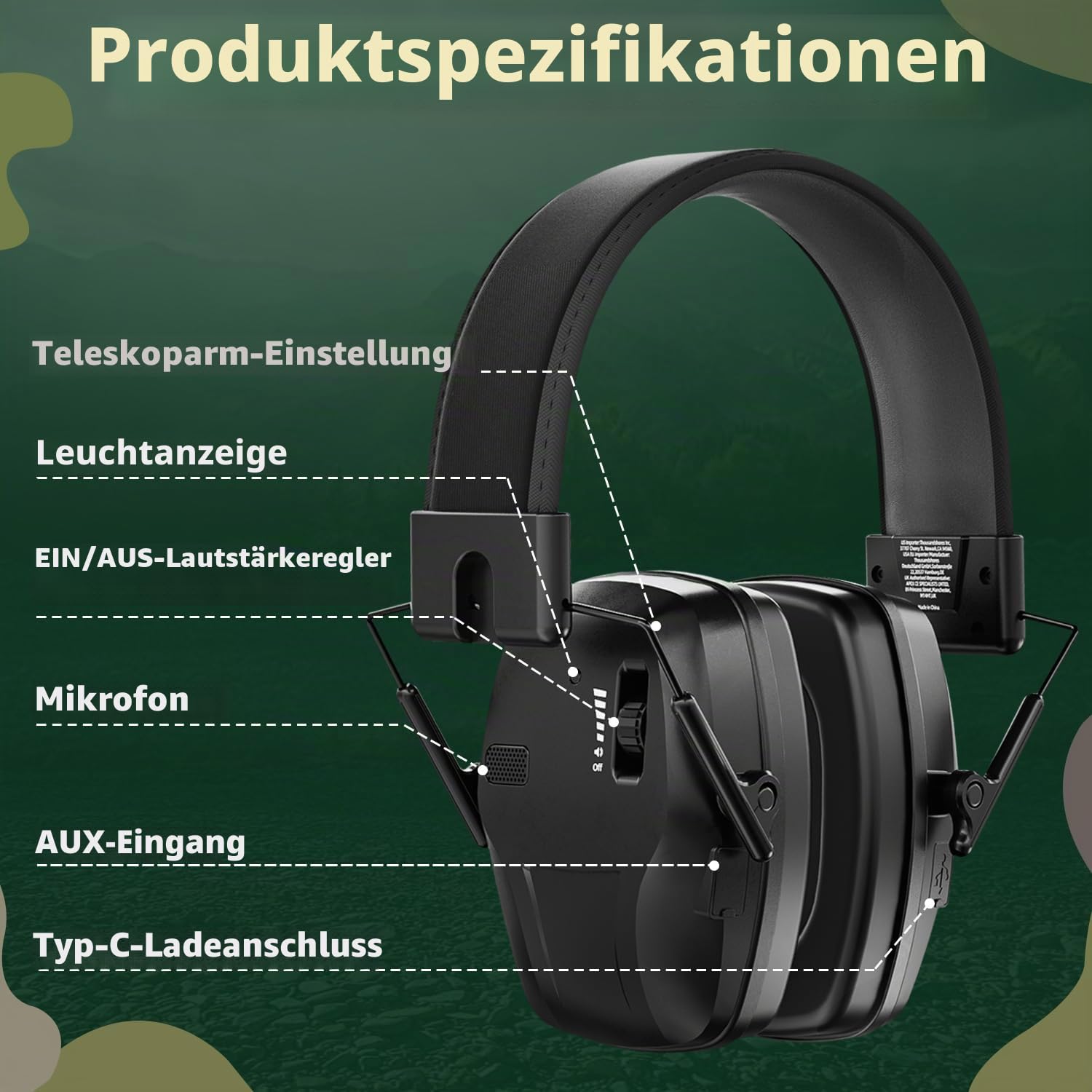 Dr.meter Elektronischer Gehörschutz, Wiederaufladbar Aktiver Gehörschutz Faltbar SNR 30dB mit Aktiver Geräuschunterdrückung & 4-fach Soundverstärkung für Jagd und Schießsport - Schwarz