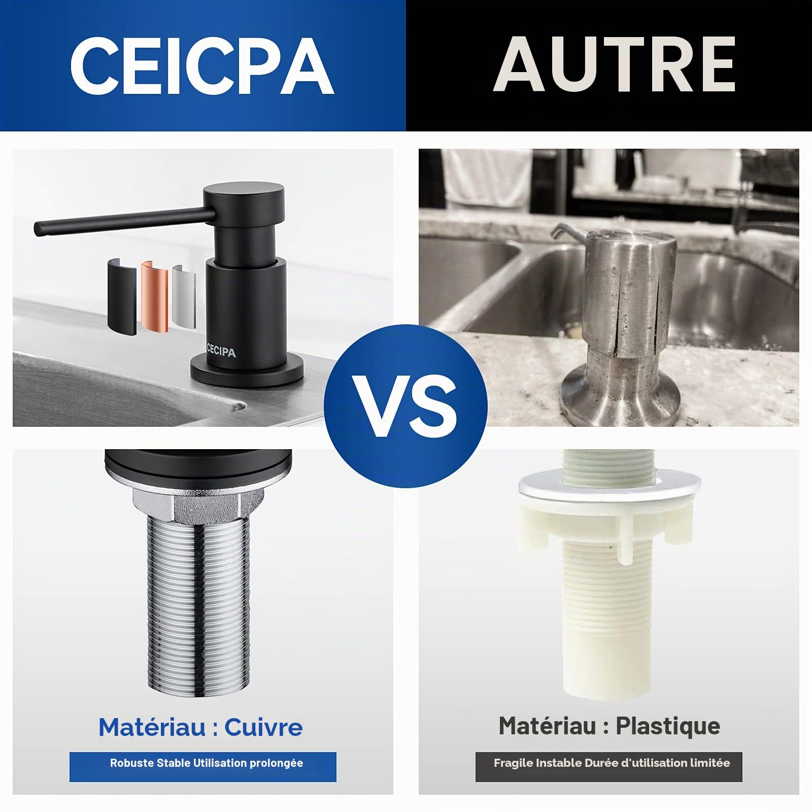 CECIPA Distributeur de Savon Cuisine Encastrable, Distributeur de Détergent pour Évier avec Bouteille de 300ML et Tuyau de Rallonge de 1,2 m, Distributeur Savon en Cuivre Remplissage du Haut, Noir