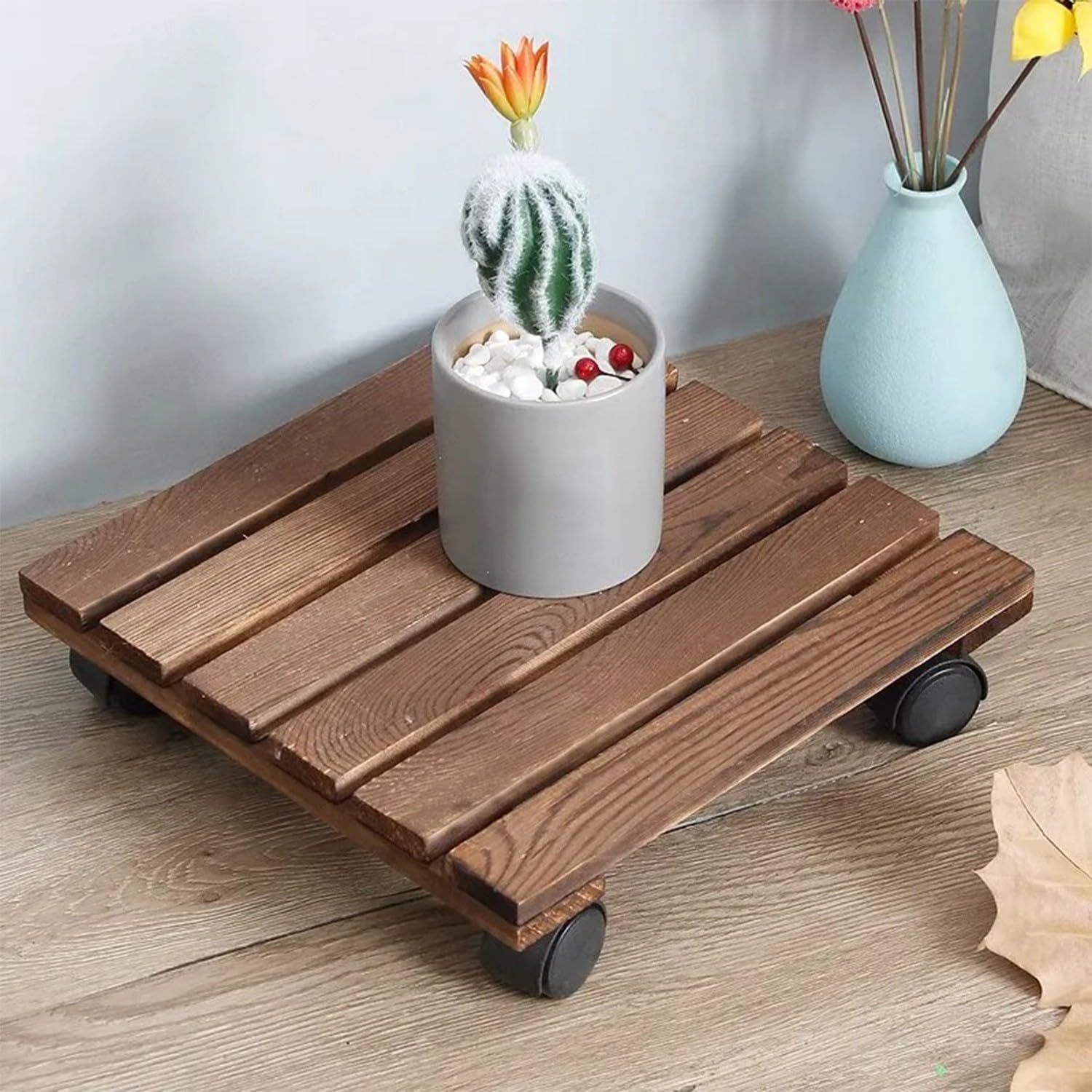 Base con Ruedas, Soporte, Rodante para Plantas, Base De Jardinera con Ruedas, Plataforma con Ruedas, Capacidad De Carga 40 Kg, Base De Jardinera De Madera Maciza Patio Ajardinado 60cm×25cm