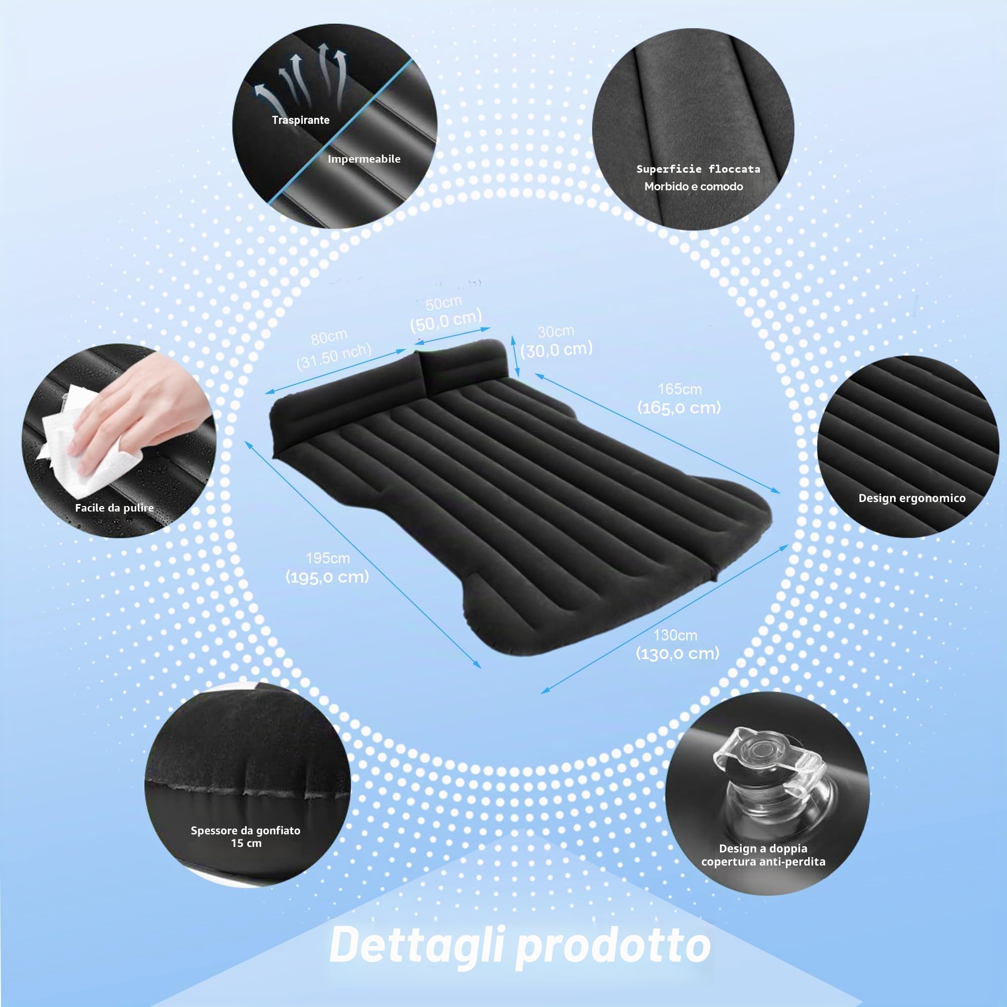 Materasso Auto, Materasso ad aria per model y SUV MPV nel bagagliaio 195x130cm, Mmaterasso Gonfiabile Auto Portatile e Comodo Campeggi Letto per Viaggi, Attività Interne ed Esterne (Nero)