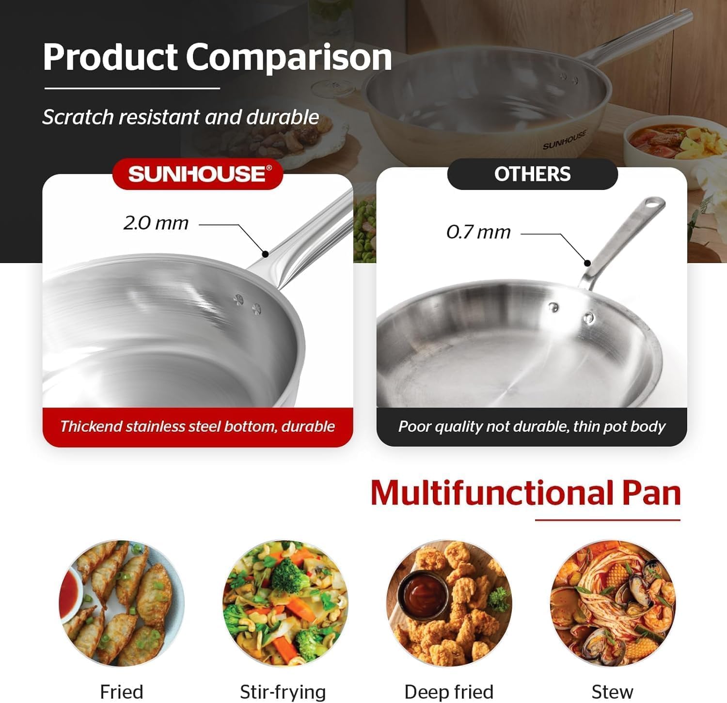 Sunhouse 10 Inch Tri-Ply Stainless Steel Frying Pan, Whole-Clad No Coatings Skillet with Stay-cool Handle for Cooking, Durable & Oven Safe to 500°F, Dishwasher Safe, Compatible with All Cooktops - Image 4