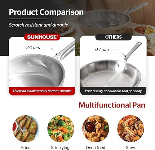 Miniatura 4 de Sunhouse Sartén de acero inoxidable de tres capas de 10 pulgadas, sin revestimientos, con mango que se mantiene fresco para cocinar, duradera y apta