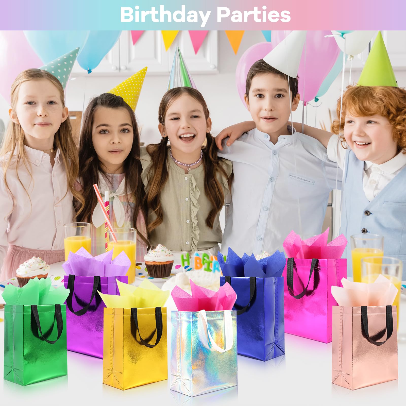 Addblu 12 Pack Reusable Gift Bags with Handles & 24 Tissue Papers, 10x4x8 Inch Iridescent Gift Bags with Cardboard Bases for Shopping, Parties, Birthdays, Weddings, Holiday, Father's Day (Holographic Gift Bag-White Papers)