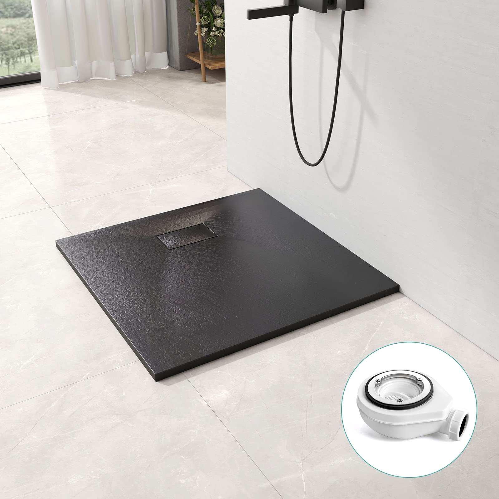 EMKE Duschwanne mit Siphon 90x90 cm Flach Duschtasse Anti-Rutsch SMC Zuschneidbar Brausewanne Steinoptik mit Ø 90mm Ablaufgarnitur -Schwarz