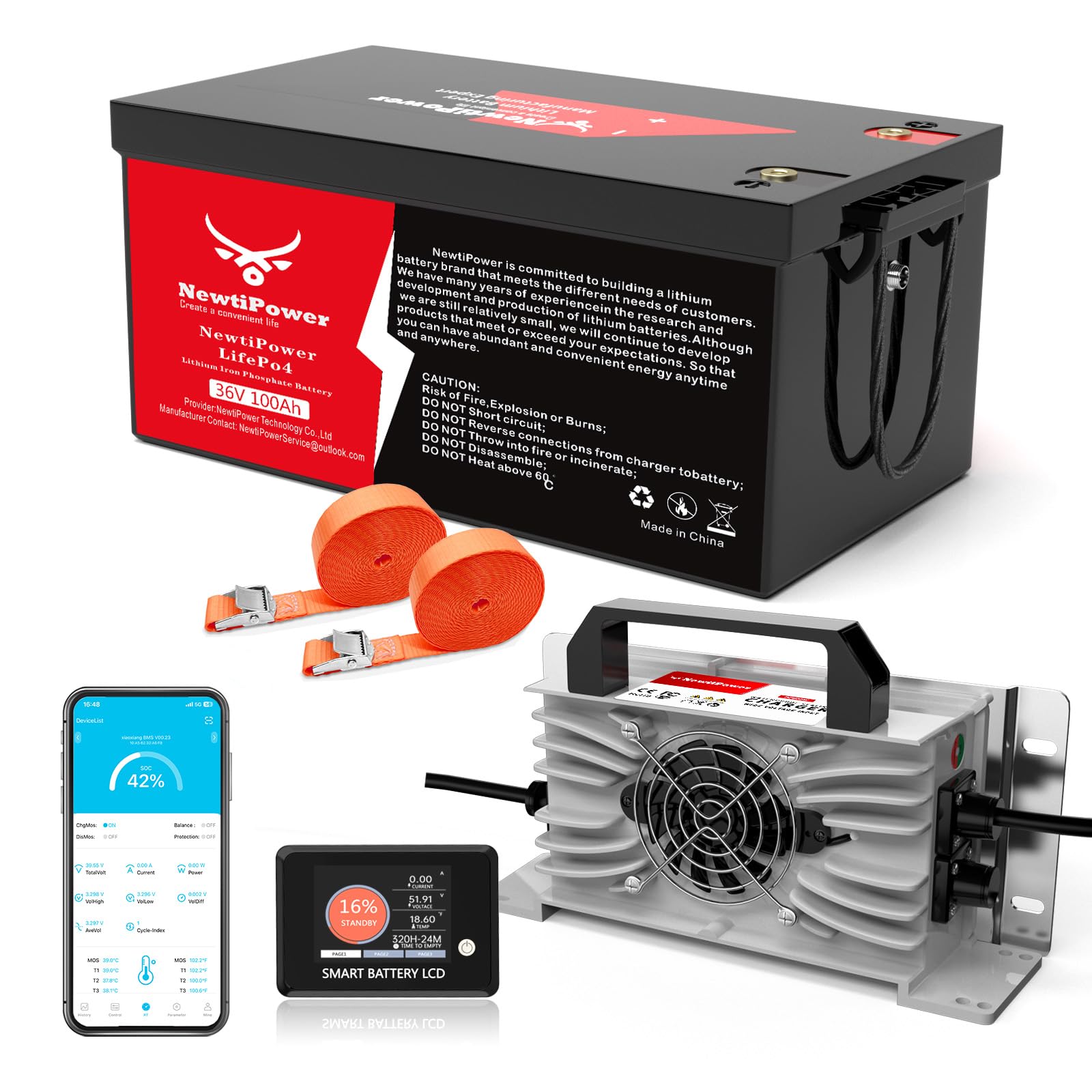 36V 100Ah Golf Cart LiFePO4 Lithium Battery 200A BMS,NewtiPower 10000+ Deep Cycle Lithium Iron Phosphate Battery Great for Golf Cart, RV, Marine and Off Grid Applications