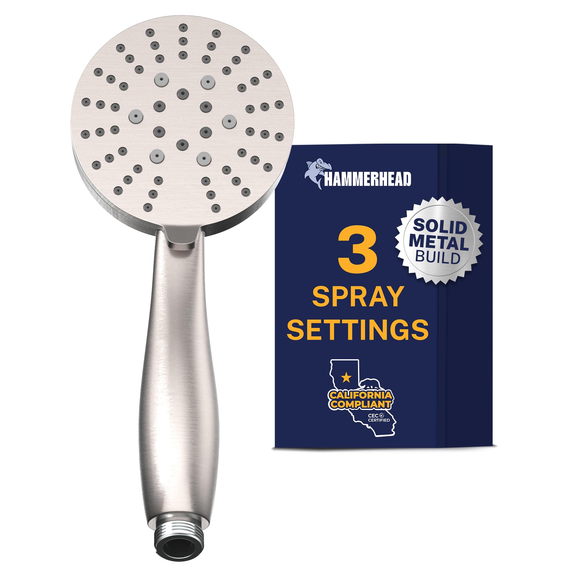 HammerHead Showers® Solid METAL 3-Spray Hand Held Shower Head, Brushed Nickel | Select from Wide, Massage, and Mist Sprays | 1.75 GPM Low Flow Handheld Showerhead | Made from 304 Stainless Steel