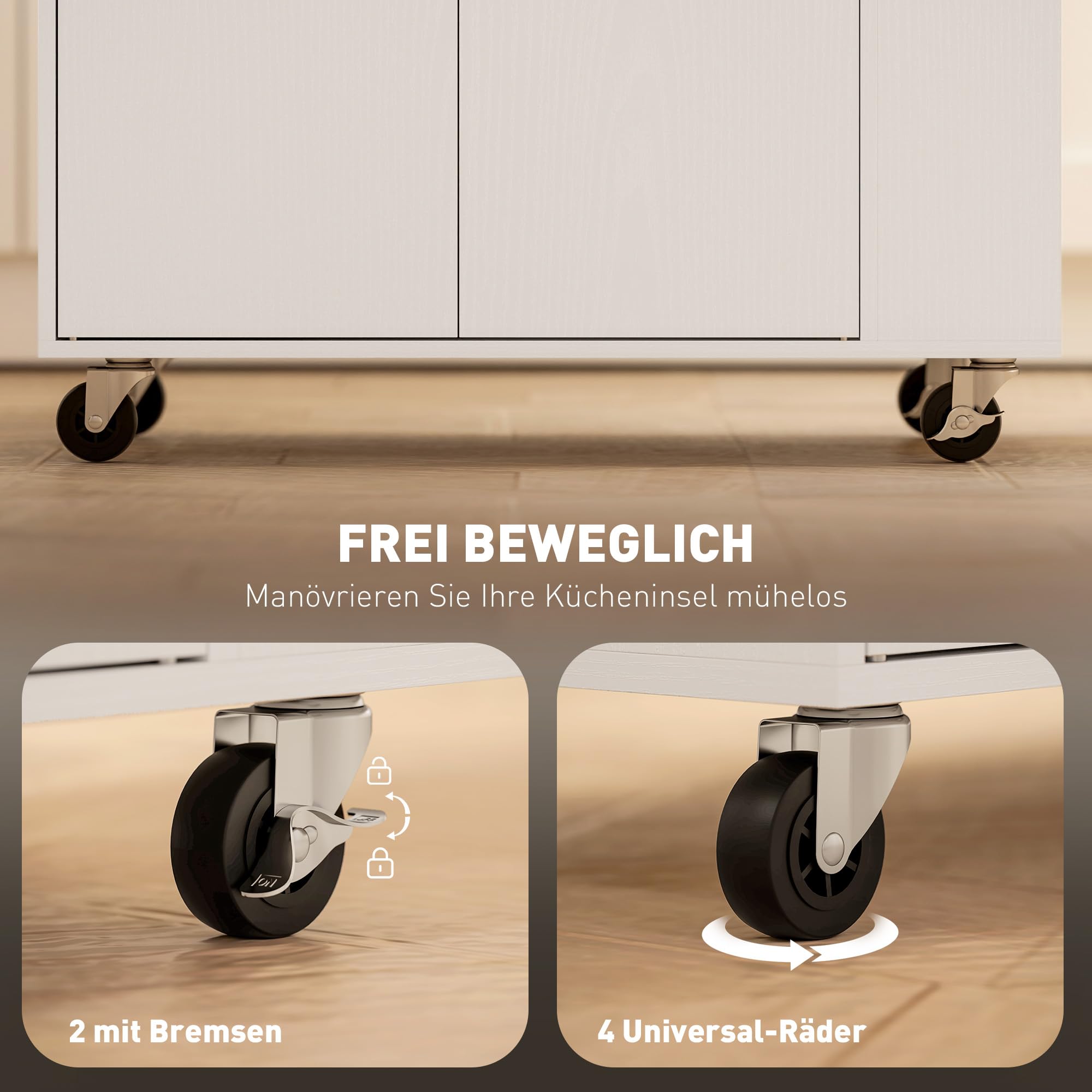 HOMCOM Kücheninsel Küchenwagen auf Rollen mit Arbeitsplatte, Küchenschrank mit Schublade, Gewürzregal, Ablage, Handtuchhalter, Servierwagen Rollwagen für Küche und Esszimmer 82 x 38 x 86,5 cm Weiß