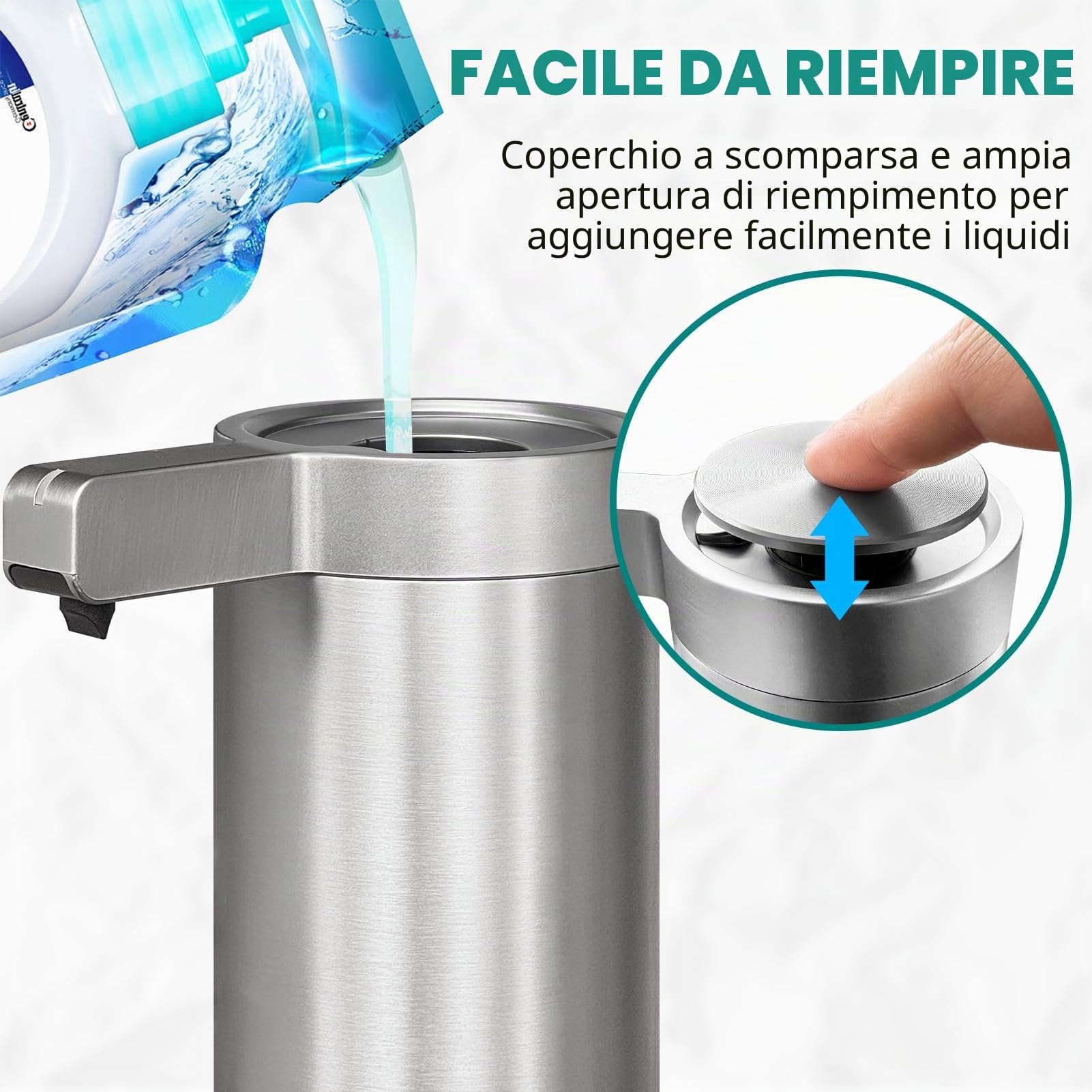 Distributore Automatico di Sapone in Acciaio Inossidabile con Sensore a Infrarossi da 9 oz. Elettrico Impermeabile IPX5 Ricarica USB-C con Sensore di Movimento (Argento)
