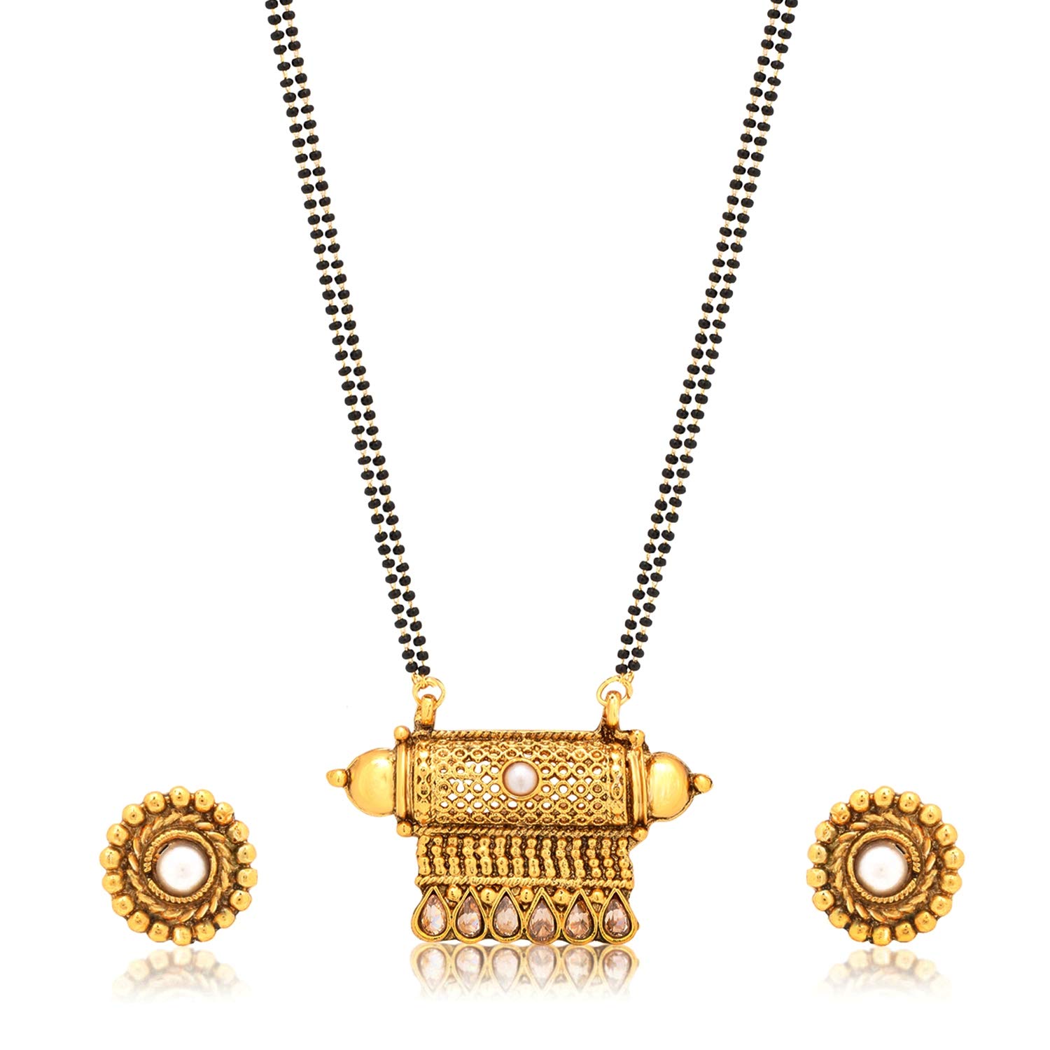 Parna Traditional Gold Plated Stylish Fancy Design Diamond Pendant Earrings Set with Black Beads Chain Long Mangalsutra for Women - 24 Inch (B08GY61Y35) Amazon Price History, Amazon Price Tracker