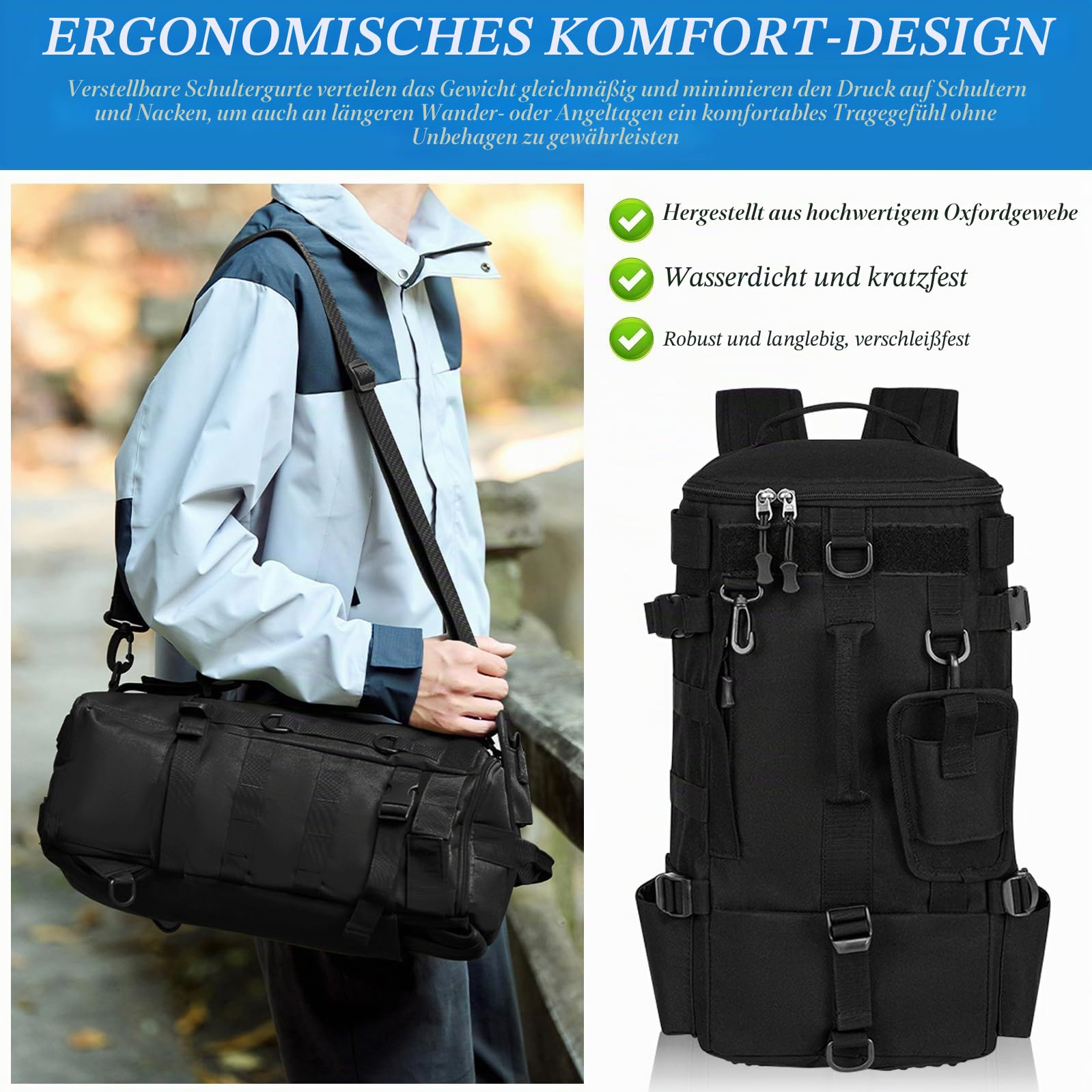 Groß Angelrucksack mit Rutenhalter, wasserdichte Angelgerät Rucksack, Multifunktional Militär Rucksack, für Camping, Outdoor Sport, Angeln, Wandern, Radfahren - Schwarz, 45 x 16 x 23 cm