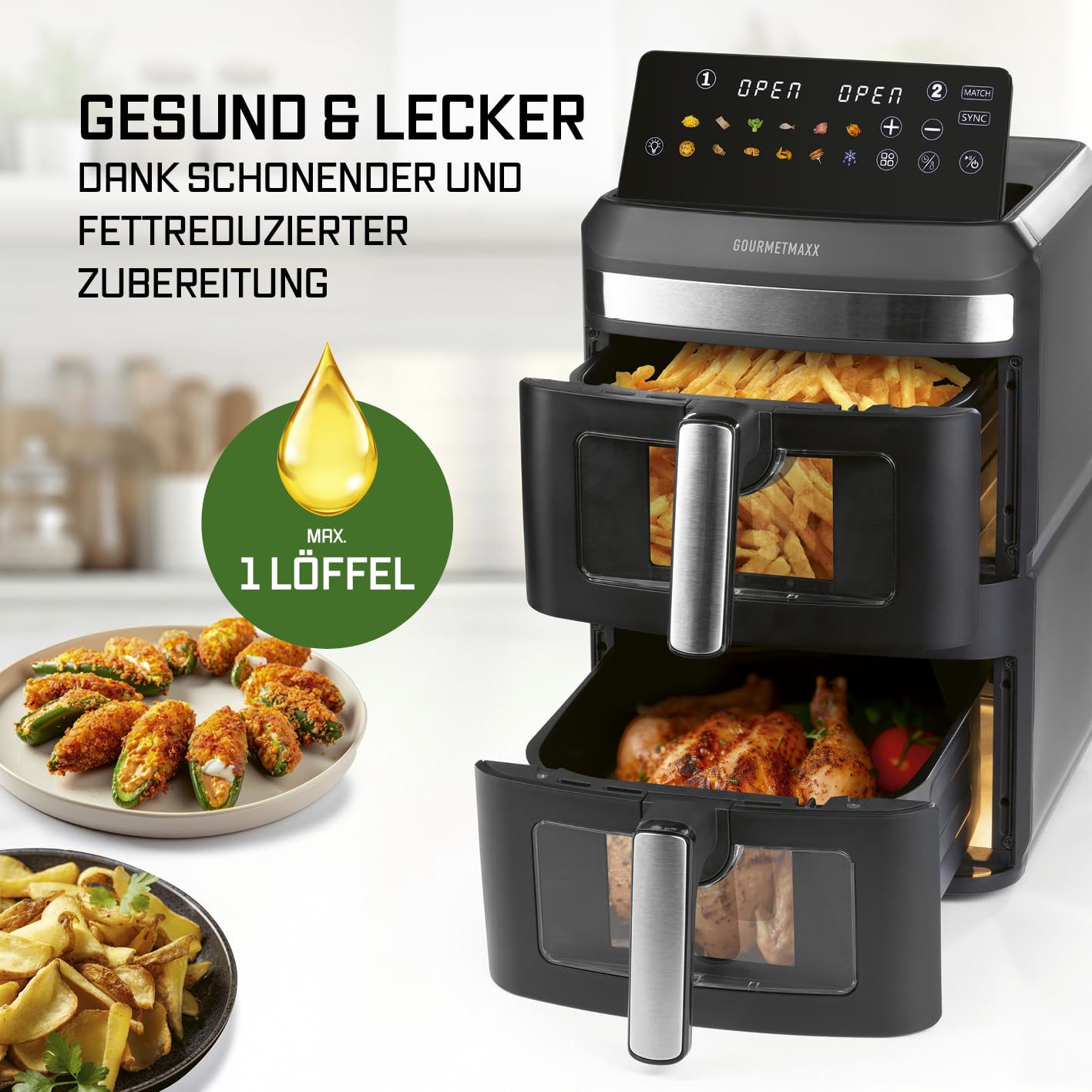 GOURMETmaxx FryUp XL vertikale Doppelkammer Heißluftfritteuse mit Sichtfenster - 12 L | Airfryer mit 9,6 Zoll Multi-Colour LED-Touchdisplay & 12 Programmen | Heißluftfritteuse 2 Kammern mit Oberhitze