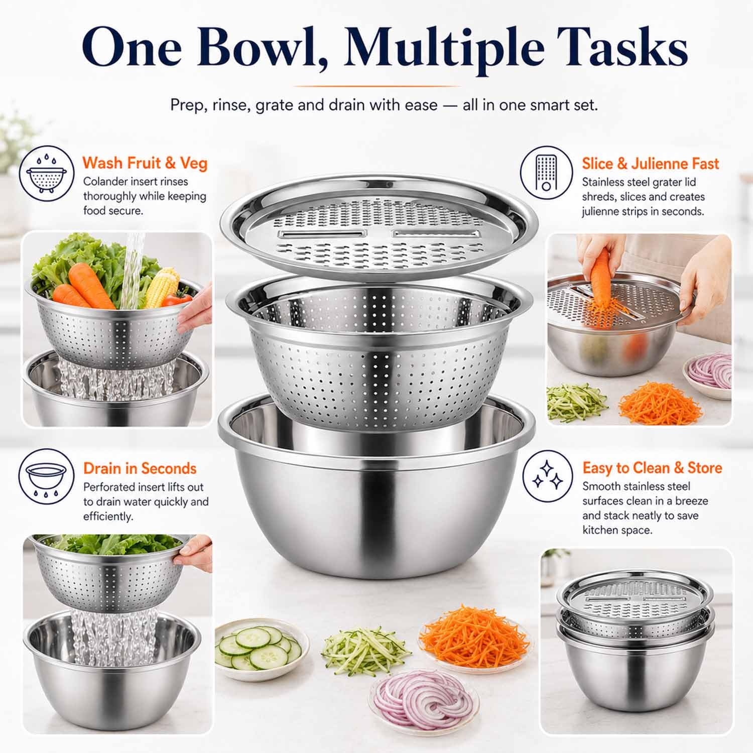 Multifunctional Stainless Steel Basin with Grater,11 in / 28 cm，1PCS：L | 3 in 1 Multipurpose Drain Basket Grater Basin Bowl,Fast Prep Slicer Bowl, for Potatoes, Vegetables, Fruit Washing