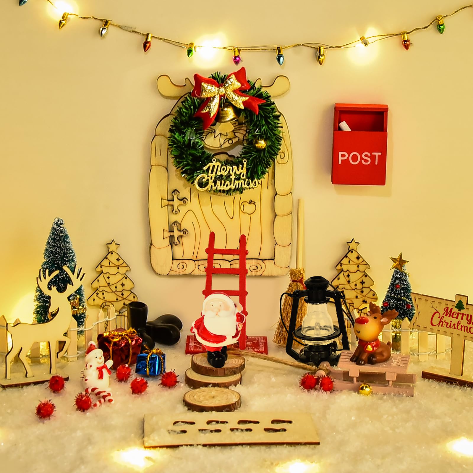 Herefun Puerta Elfo Navidad Decoracion, 43 Piezas Puerta Elfos Adornos Navidad Casa, Kit Puerta de Duende Navidad Accesorios con Luz LED, Miniatura Elfo Gnomos Manualidades Navidad para Niños