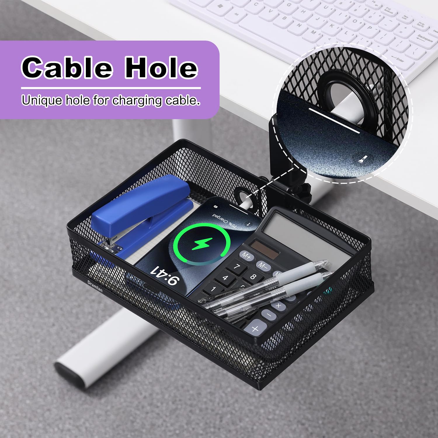 DramLan Desk Organiser with Cup Holder, 360°Rotating Hidden Under Desk Drawer,Clamp-on Style Desk Tidy Organiser - Image 4