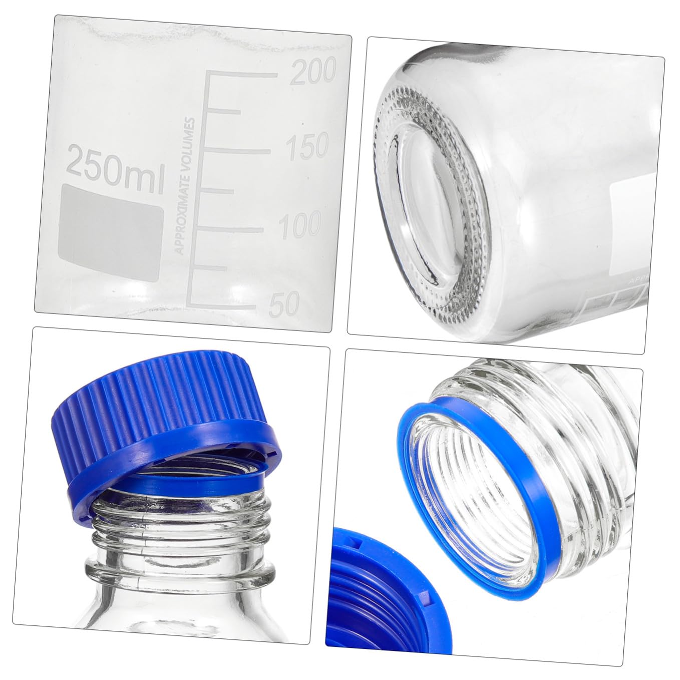 Ciieeo Bottiglie di Reagente Graduata in Vetro Blu 250Ml con Tappo a Vite Resistente All’Usura e Caduta, Confezione da 4 Pezzi per Laboratorio e Istituti Chimici