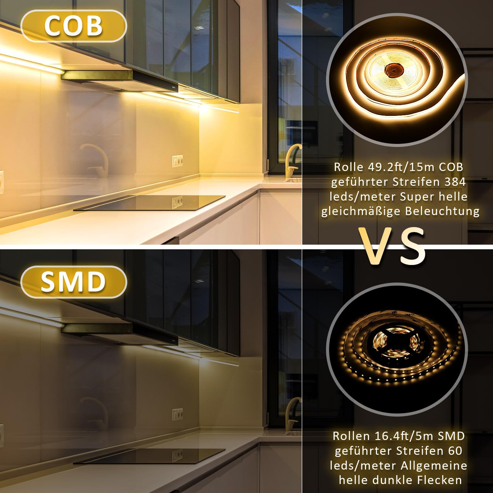 15M Wi-Fi LED Streifen COB - Warmweiss | 24V Mit Fernbedienung, Dimmbar, Timing Funktion, Musik-Sync, Dekoration für Küchenschränke, Feiertage