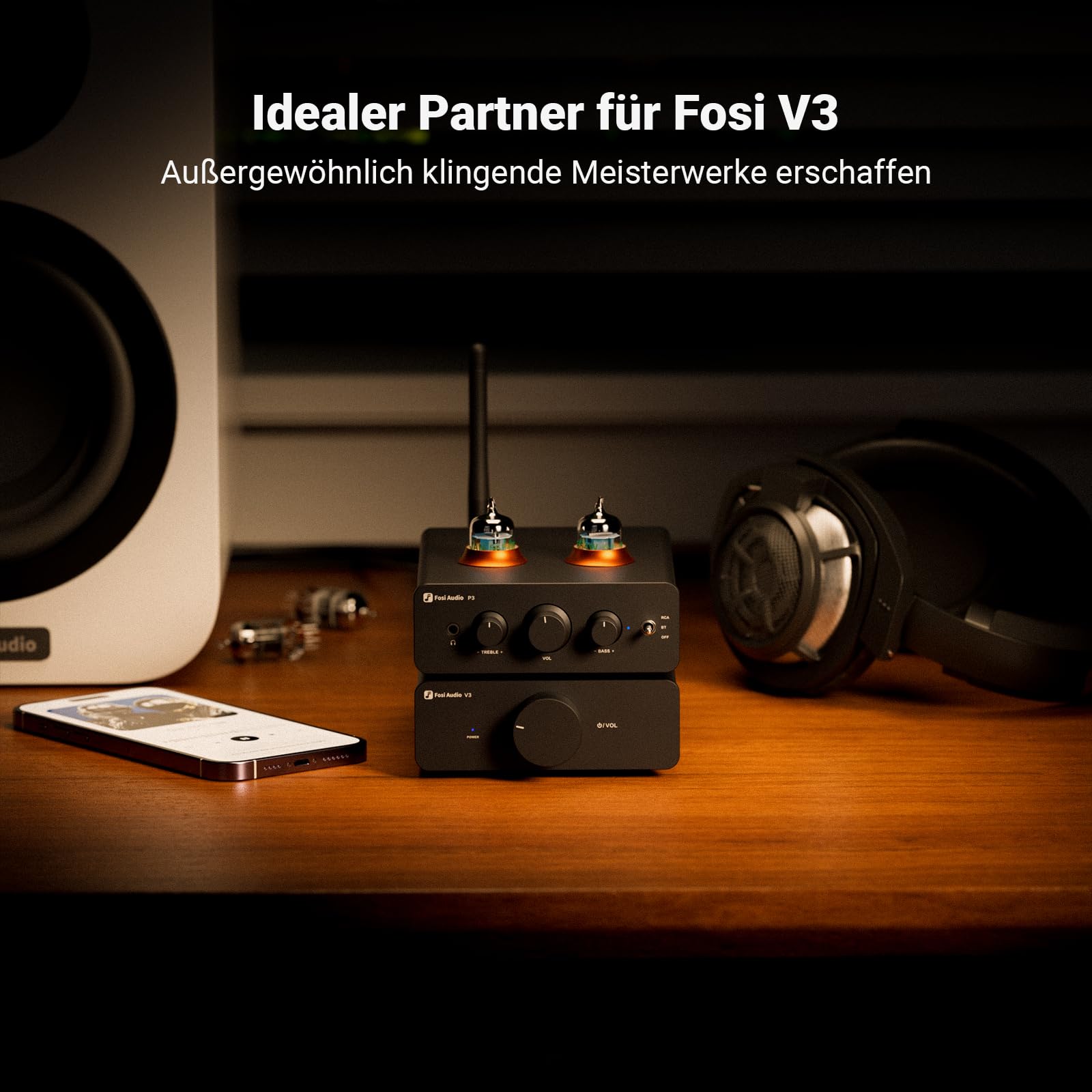 Fosi Audio P3 Hi-Fi Röhren Vorverstärker, Home Audio Mini Röhrenverstärker & Kopfhörerverstärker, Bluetooth 5.1 aptX-LL & aptX-HD, Bass & Treble Reglern für Hi-Fi Stereo Aktivlautsprecher, RCA & AUX
