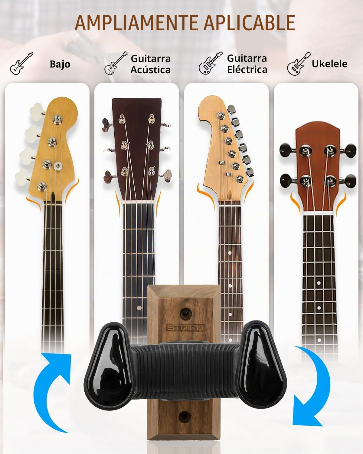 STRICH Soporte de pared para guitarra con base de nogal, soporte de pared para guitarra en forma de U con soporte de bloqueo automático para acústico, eléctrico, banjo y bajo (paquete de 2)