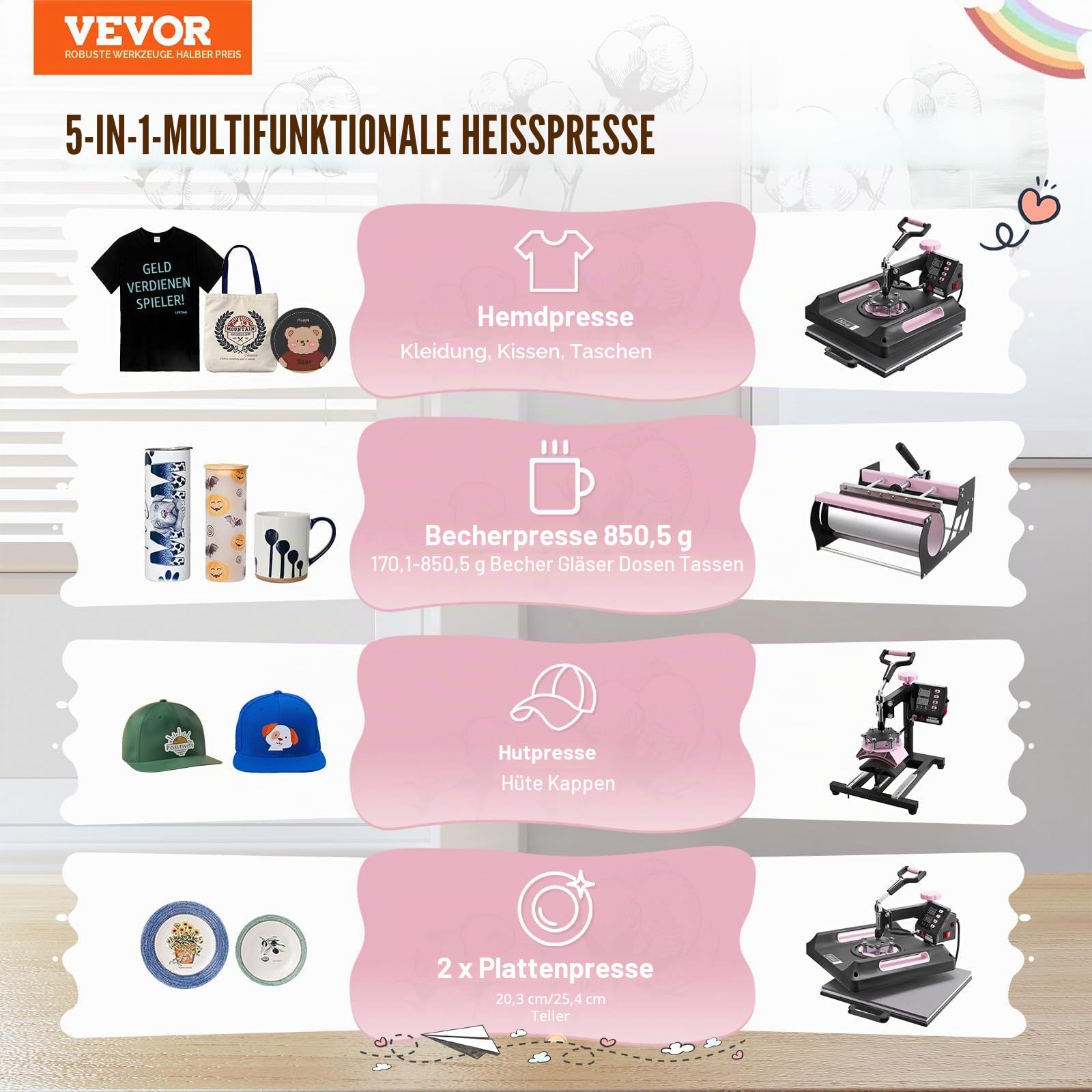 VEVOR Hitzepresse, 8 in 1 Wärmeübertragungsmaschine mit 887 ml Tumbler-Presse, 360° wegschwenkbare digitale T-Shirt-Pressmaschine, 38 x38 cm, Teflonbeschichtung, für T-Shirts/Tassen/Hüte/Teller