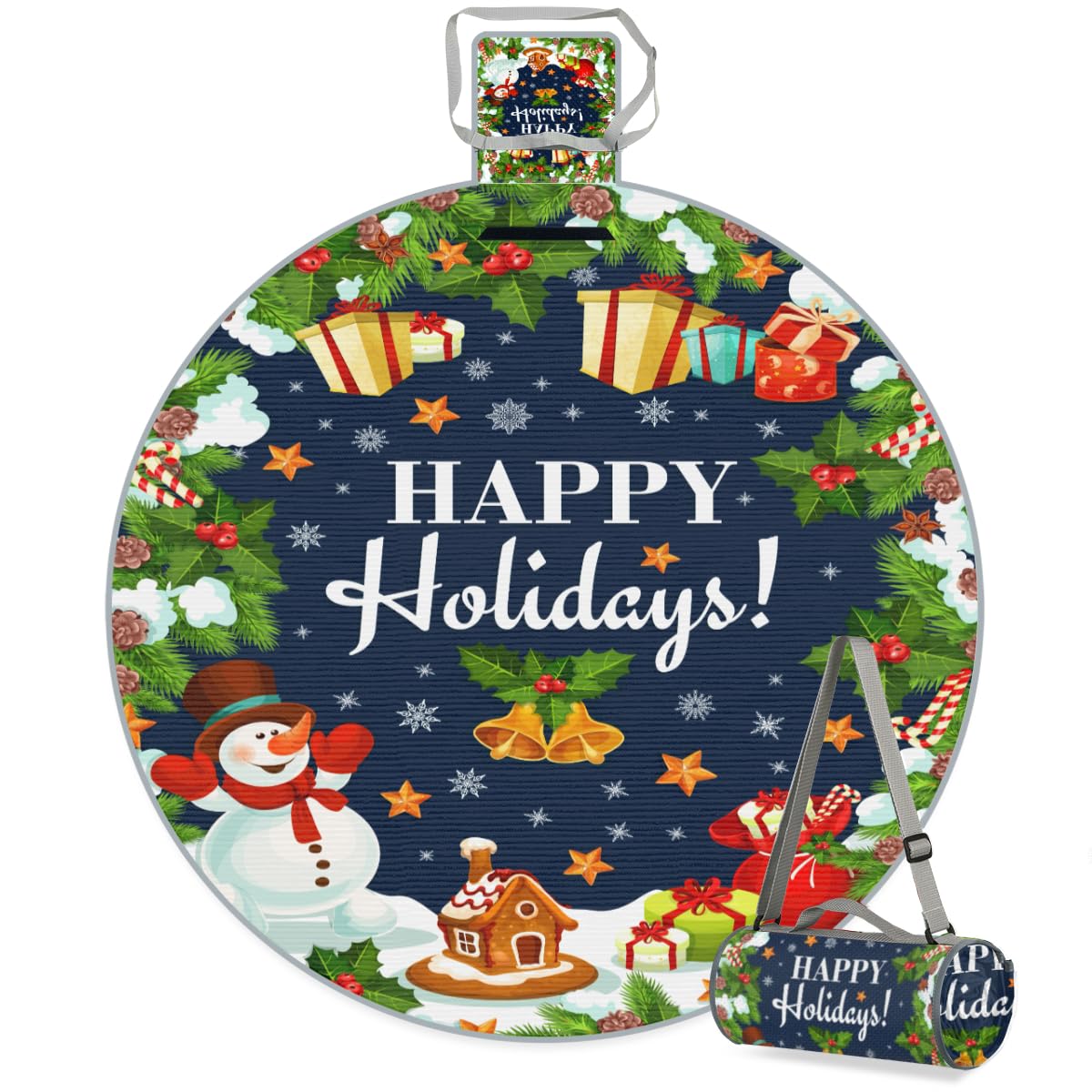 Shimoshe Happy Holidays Christmas Picnic Outdoor Blanket Foldable Waterproof Sandproof Beach Blanket Portable Water-Resistant Round Picnic Mat for Travel Camping Park Lawn