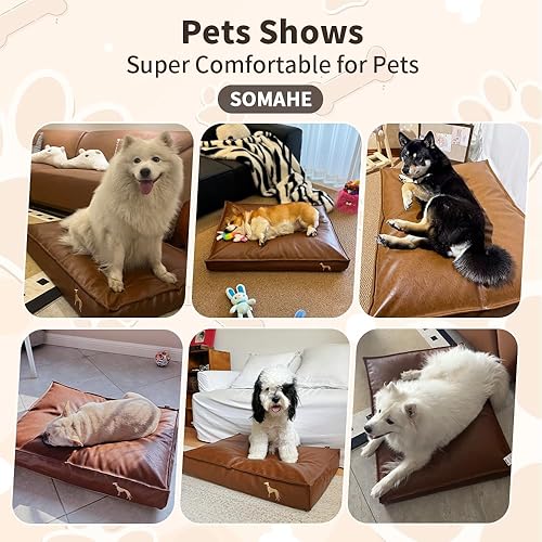 Miniatura 9 de Cama ortopédica para perros de tamaño mediano para perros pequeños con funda de piel sintética extraíble lavable impermeable, marrón, 27.5 x 19.6 x