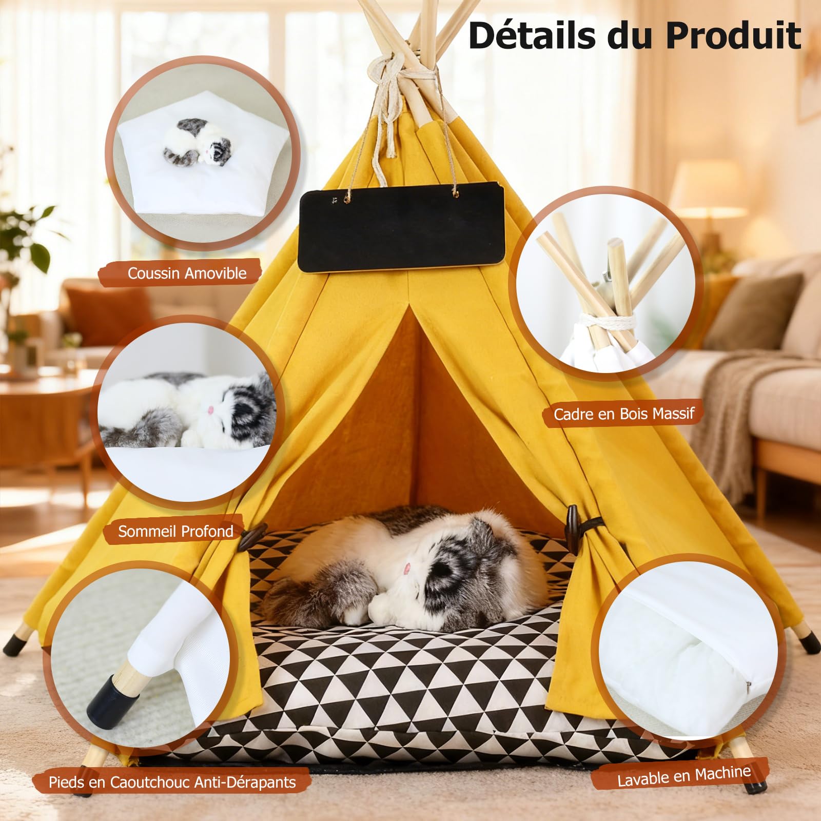PETCUTE Tente Tipi pour Animaux de Compagnie,Niches pour Chiens avec Coussin Amovible et Lavable,Maisons pour Chat avec Poteaux en Bois,Tente Tipi Portable pour Chiens et Chats,L