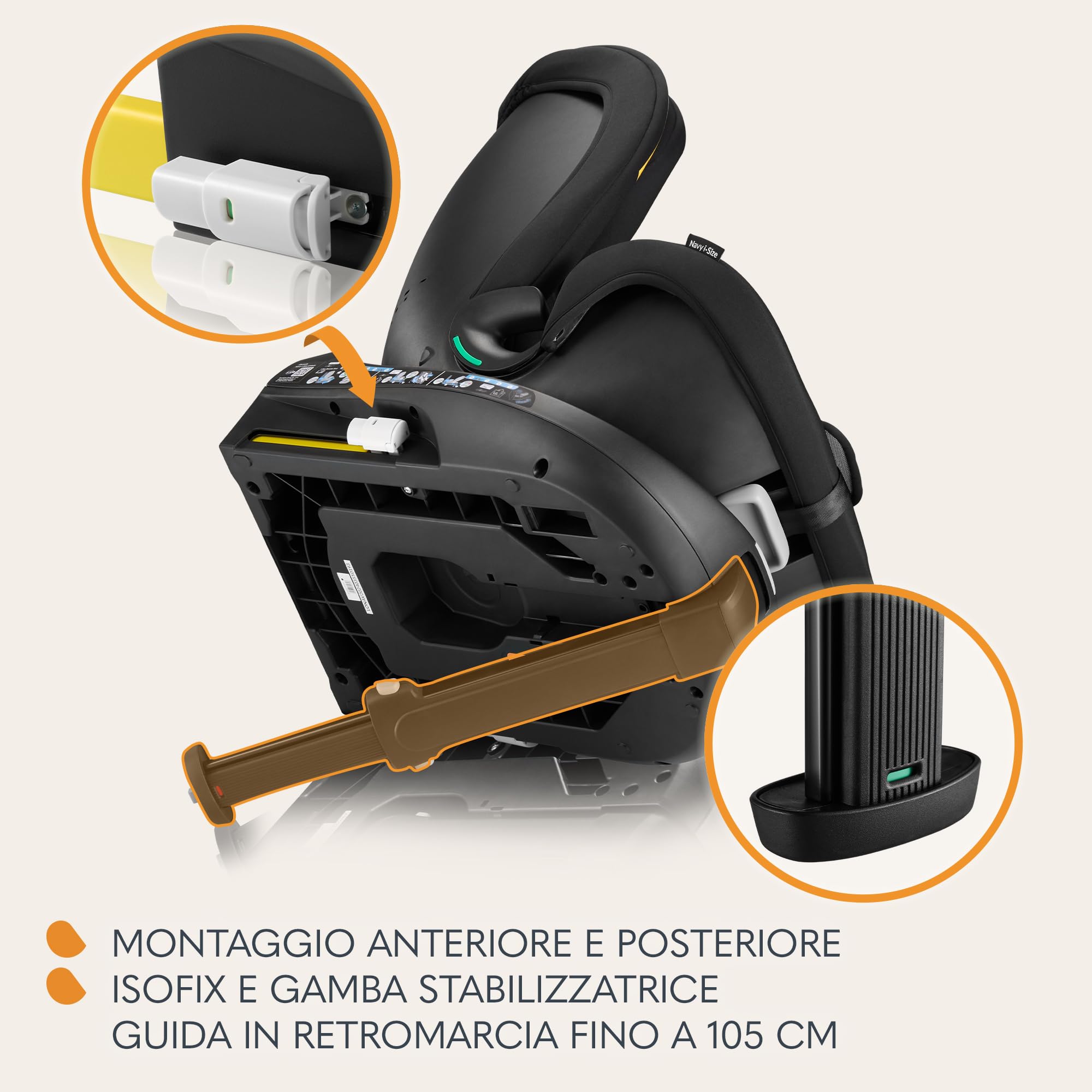 LIONELO Seggiolino Auto NAVY i-Size con ISOFIX, Girevole a 360° e Reclinabile, Bambini 40–150 cm (0–12 anni), Fronte e Retro Marcia, Piede di Supporto, Poggiatesta 11 Livelli, Ventilato e Comodo