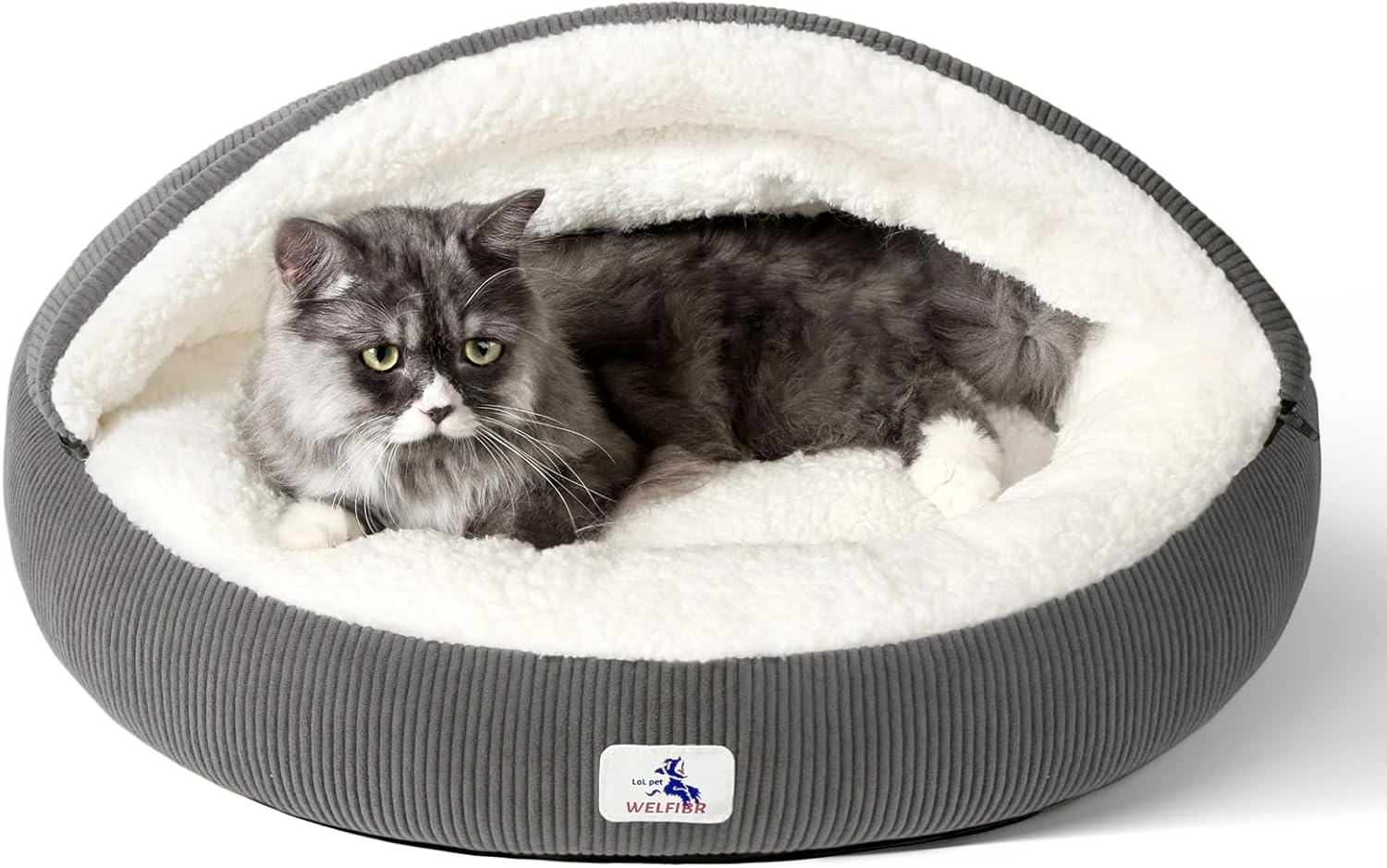 23″ Covered Cat Bed Cave for Indoor Cats and Small Dogs – Enclosed Cozy Pet Bed with Hooded Roof for Added Security & Warmth, Washable & Removable Cushion, Anti-Slip Bottom Cat House, Gray