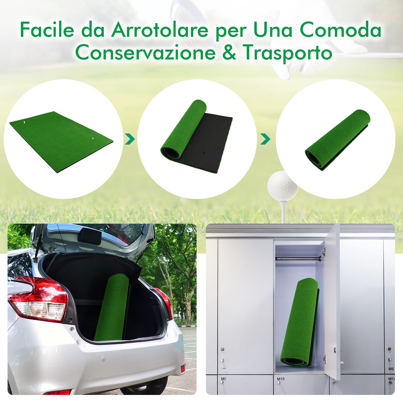 COSTWAY Tappetino da Golf Pratica 150 x 100 x 2,7 CM, Tappetino per Allenamento Golf con Erba Sintetica e 2 Fori, 3 Tee, Putting Mat Green per Uso Interno ed Esterno