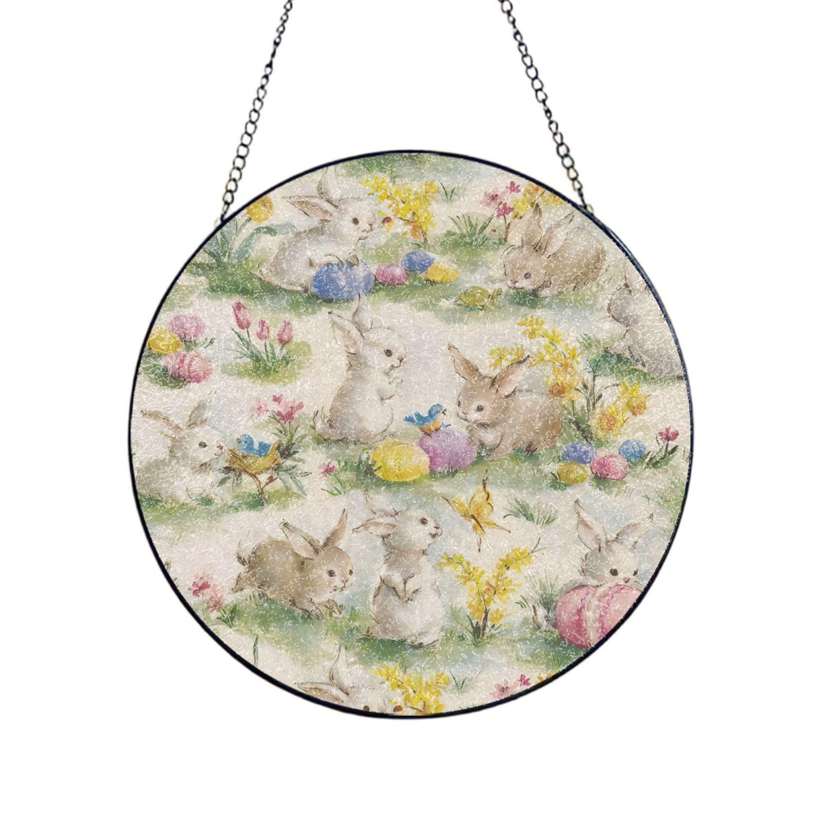 Phayah Vintage Flower Rabbit Bunny Easter Print Glass Window Hanging Sun Catchers Suncatcher Decor For Birthday For Home Garden Porch 4in（10cm）