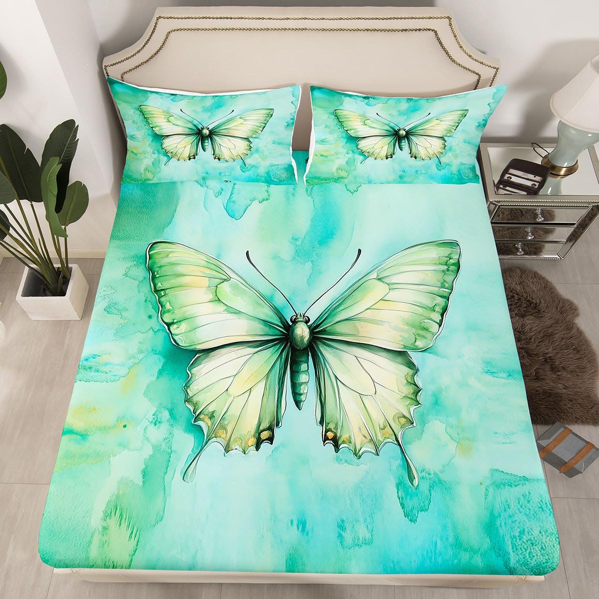 jejeloiu Butterfly Fitted Sheet for Girls Boys Kids Twin Size Butterflies Print Bedding Set Room Decor Beautiful Animal Bed Sheets Set Green Mess Rust Marble 3Pcs Soft
