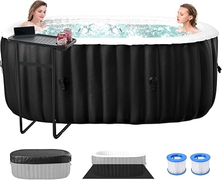 Inflatable Blow Up Hot Tub with Side Table, 2 Person Oval Portable Hot Tub Spa, Leak-Proof PVC Outdoor Spa with 100 Air Jets, Heater Pump and Insulated Cover, 75 L X 47W X 25H