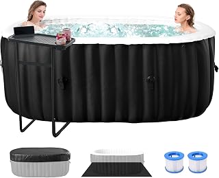 Inflatable Blow Up Hot Tub with Side Table, 2 Person Oval Portable Hot Tub Spa, Leak-Proof PVC Outdoor Spa with 100 Air Jets, Heater Pump and Insulated Cover, 75” L X 47”W X 25”H