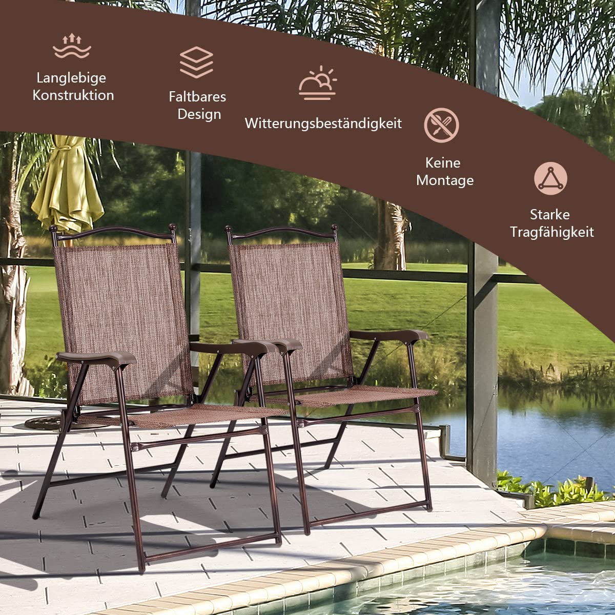 COSTWAY 2er Set Gartenstühle klappbar, Hochlehner wetterfest Gartenstuhl Klappstuhl bis 120 kg, Terrassenstühle mit Armlehnen für Garten, Terrasse, Pool, Braun