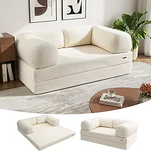 COMAX Folding Sofa Bed Queen, 4-in-1 Foldable Floor Couch Convertible Futon Sofa with Armrests Sleeper Mattress Chair Bed Comfy Portable Fold Out Lounge Guest for Living Room Bedroom, Beige
