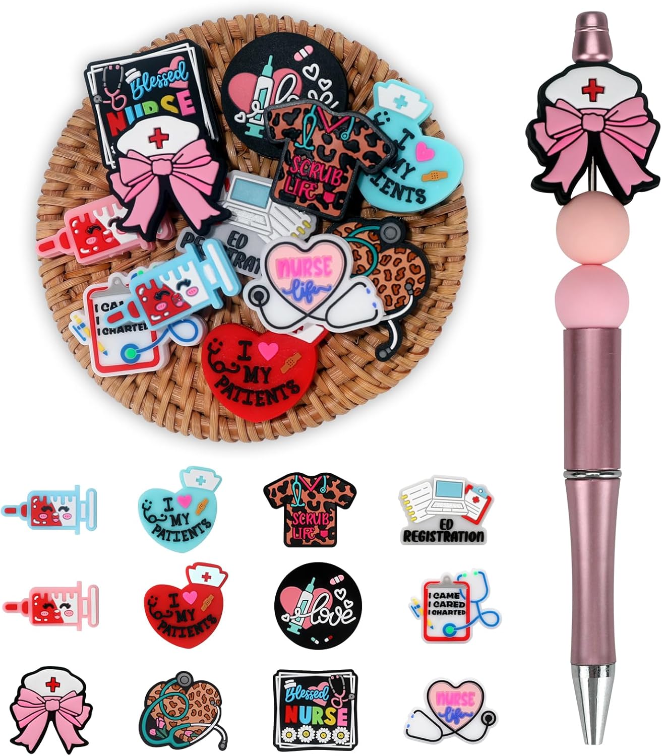 12pcs Nurse Silicone Focal Beads Silicone for Keychain Making Beads for Pens Shape for Bracelet Necklace Crafts (Nurse)