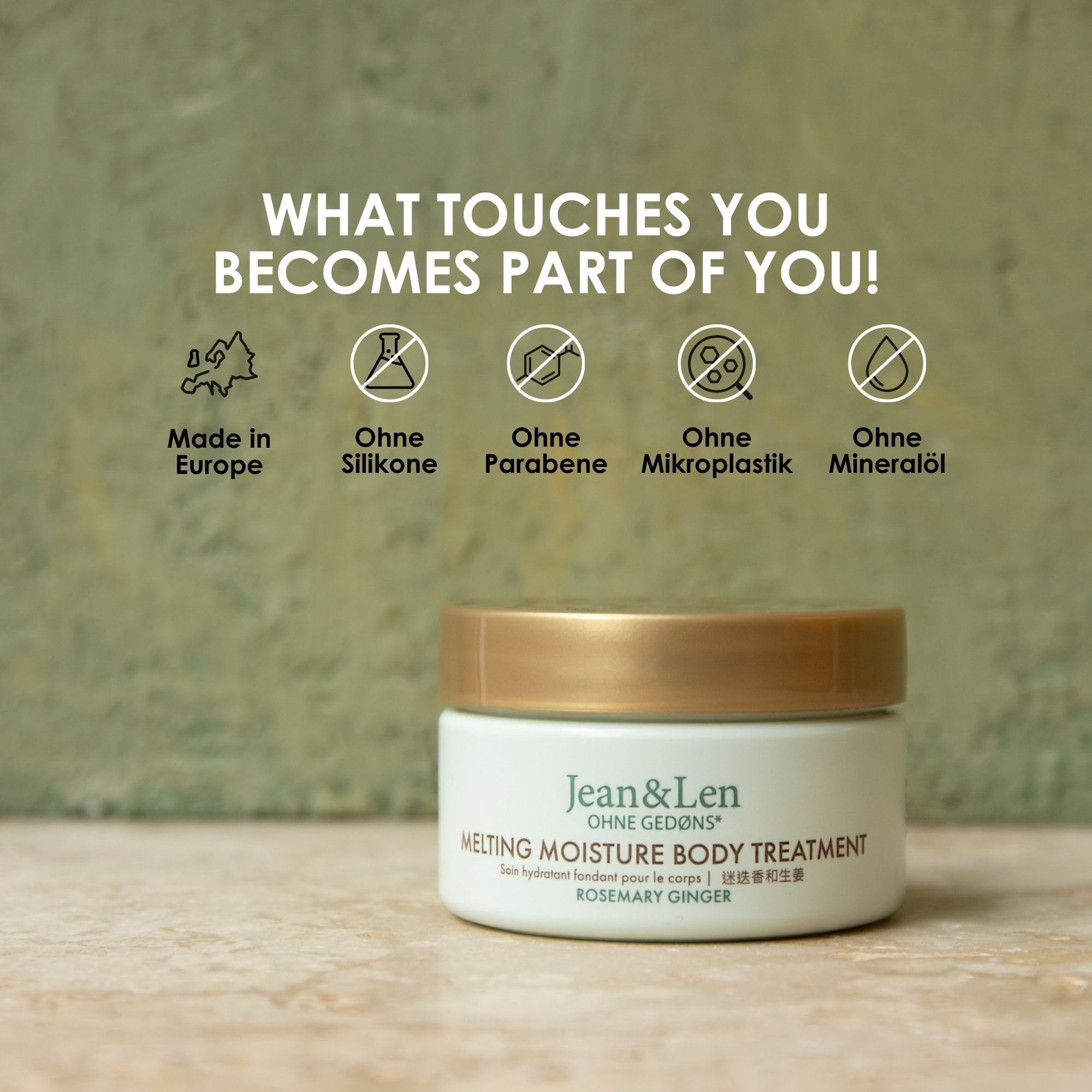 Jean & Len Melting Moisture Body Treatment Rosemary & Ginger, dla pachnących rezultatów pielęgnacji, do skóry normalnej, wysokiej jakości tygiel, pielęgnujące masło do ciała, 50 ml