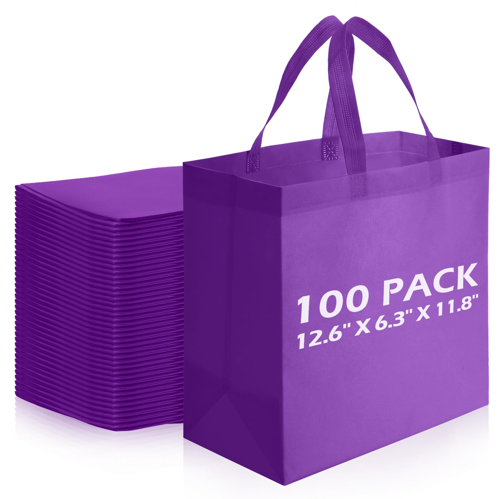 Reginary 100 PCS Reusable Totes Bag Bulk, Non Woven Grocery Handle Bag Portable Bag for Shop Events Retail Store(Purple)