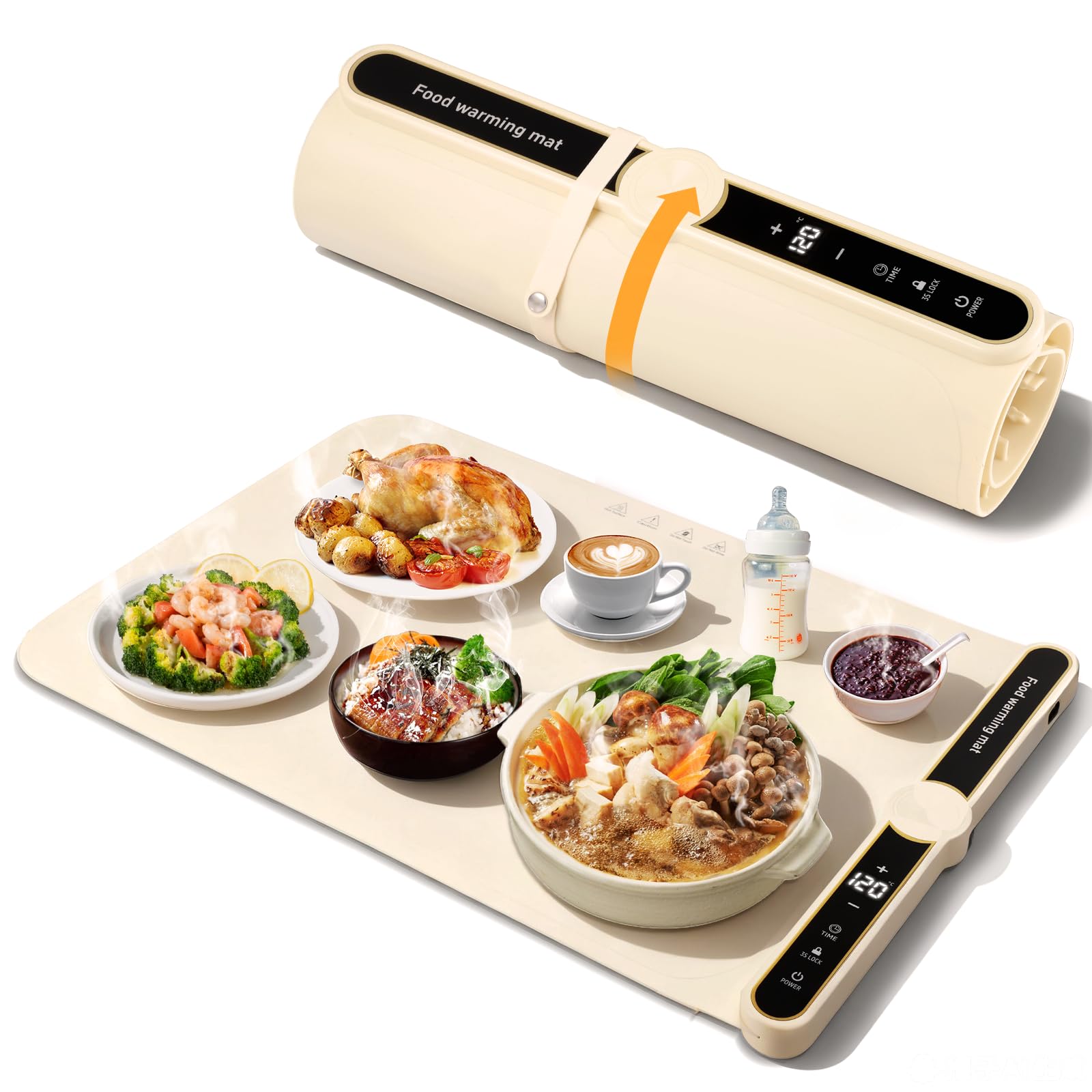 Bandeja Calefactora Plegable, Silicona Placa Calentadora Portátil, 40-120 °C Calentador de Alimentos con 9 Ajustes de Temperatura para Bufés, Familia, Fiestas, Eventos, Oficina 60 x 38 cm (Beige)