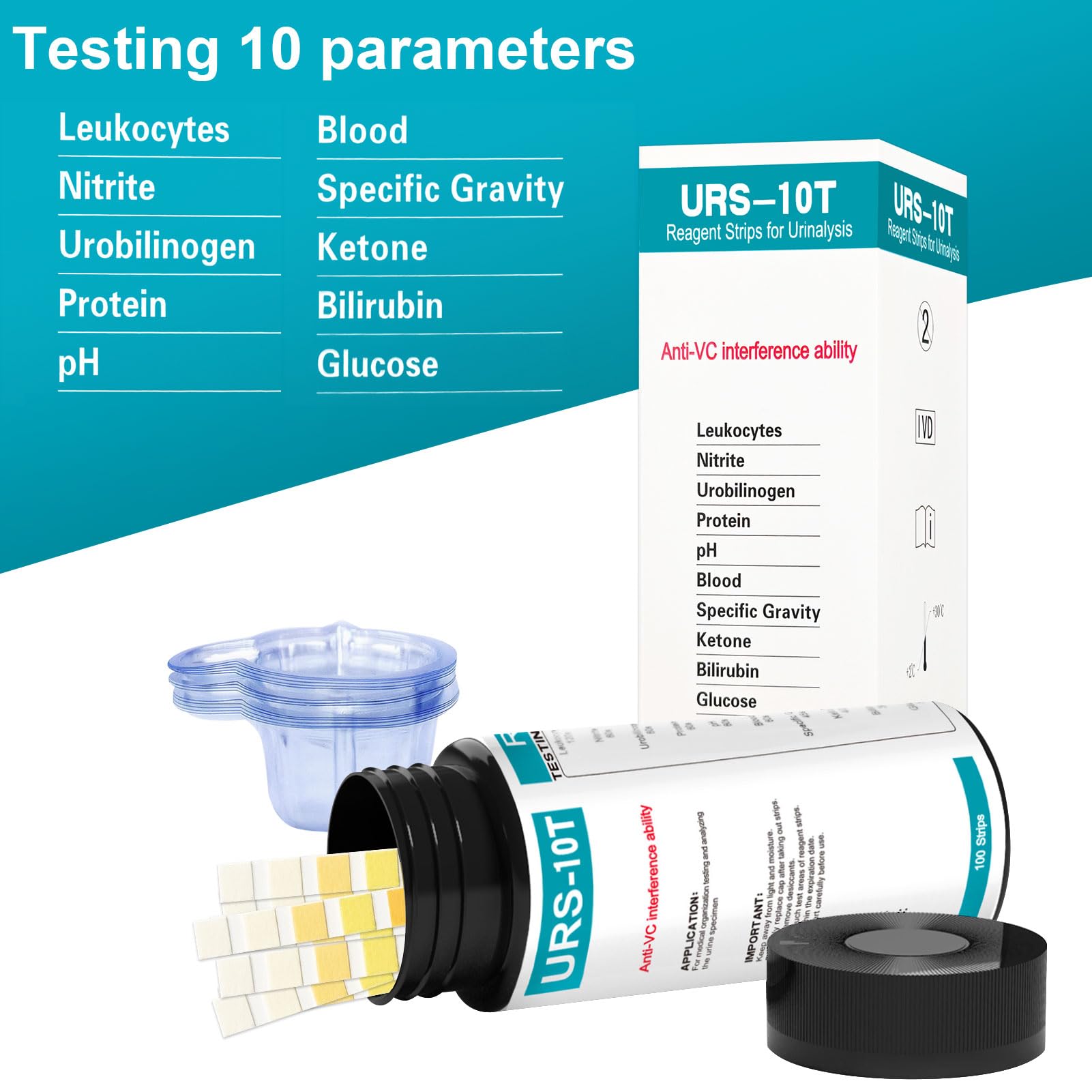 100 strisce reattive per analisi delle urine | Strisce reattive per urina da 10 parametri, contiene 10 bicchierini per urina usa e getta per un facile confronto dei parametri.