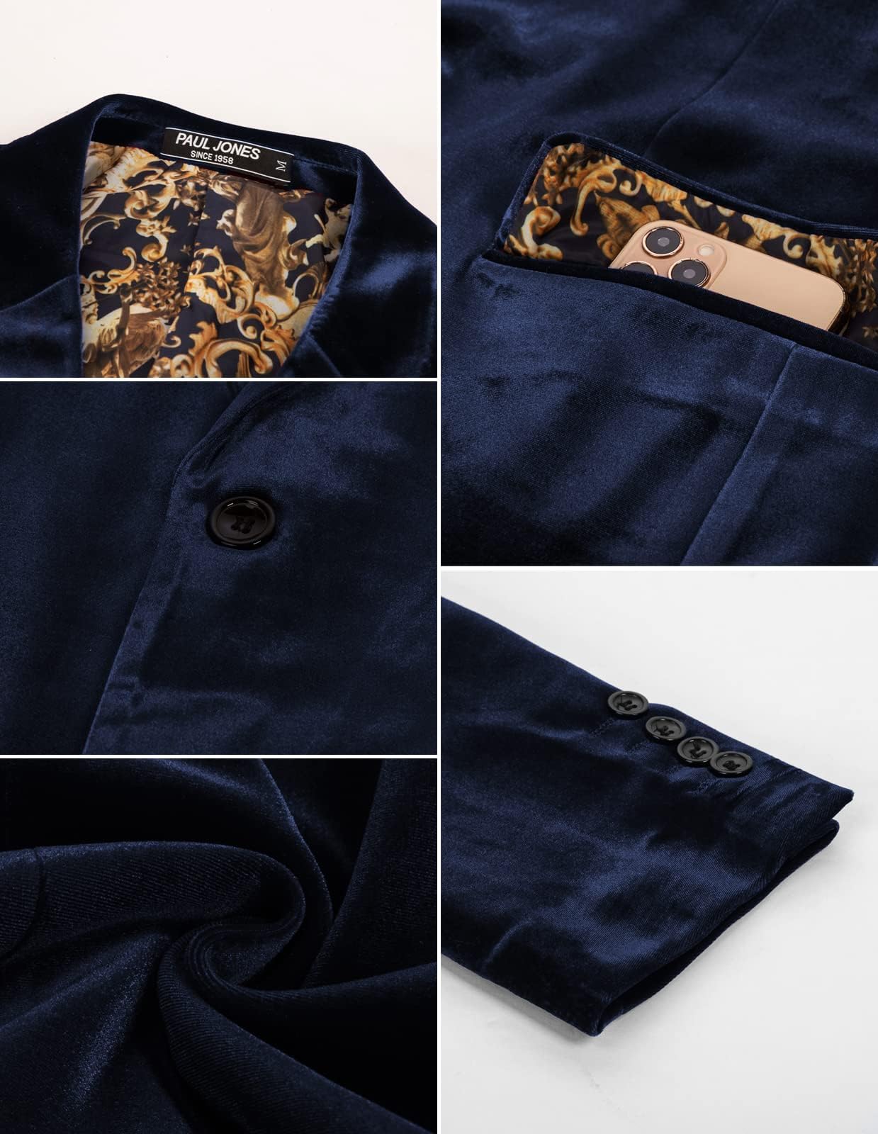 PJ Paul Jones Mens Velvet Blazer Two Button Solid Slim Fit Blazer Sport Coat for Dinner Prom Wedding