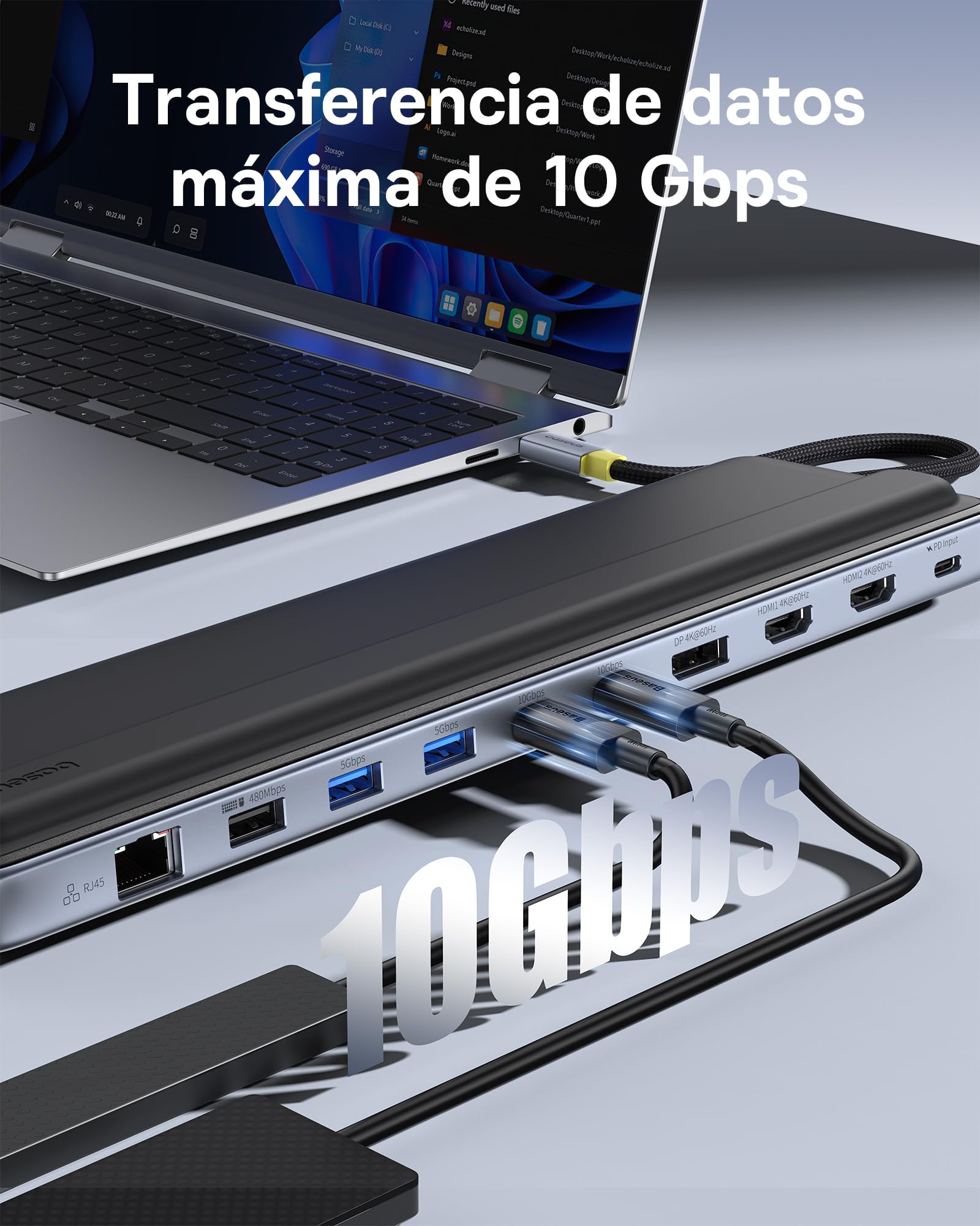 Baseus Docking Station para Portátil, 12 en 1 HUB, Triple Pantalla 4K, HDMI/DP, USB A/C 10Gbps, PD 100W, Ethernet, TF/SD, Estación de Acoplamiento con Soporte para Windows/DELL/HP/Lenovo/Mac