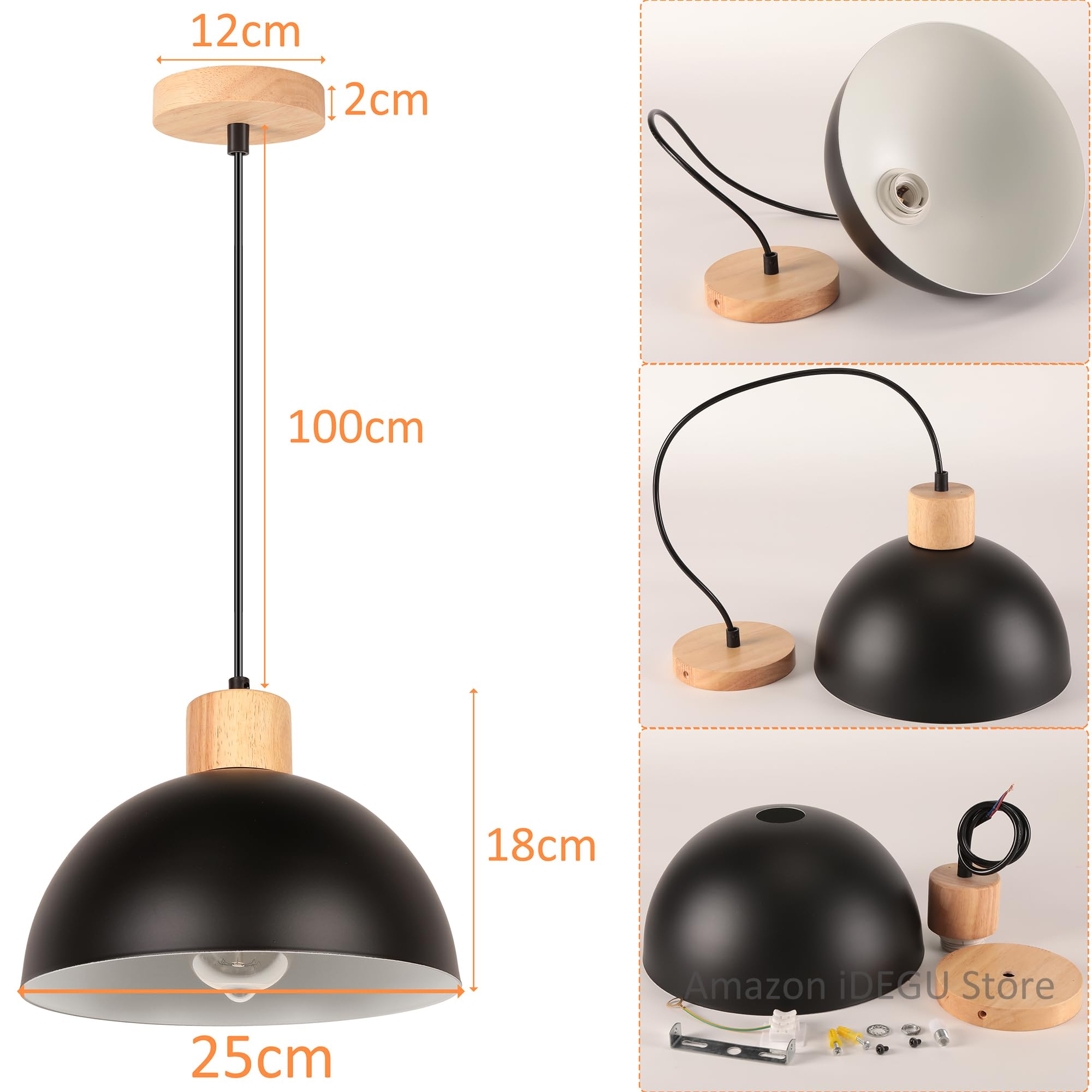 iDEGU Zestaw 2 żyrandoli wiszących w stylu retro, nowoczesny styl, półokrąg, lampa sufitowa E27, drewniana metalowa lampa wisząca do jadalni, kuchni, salonu, sypialni, Ø 25 cm (czarna)