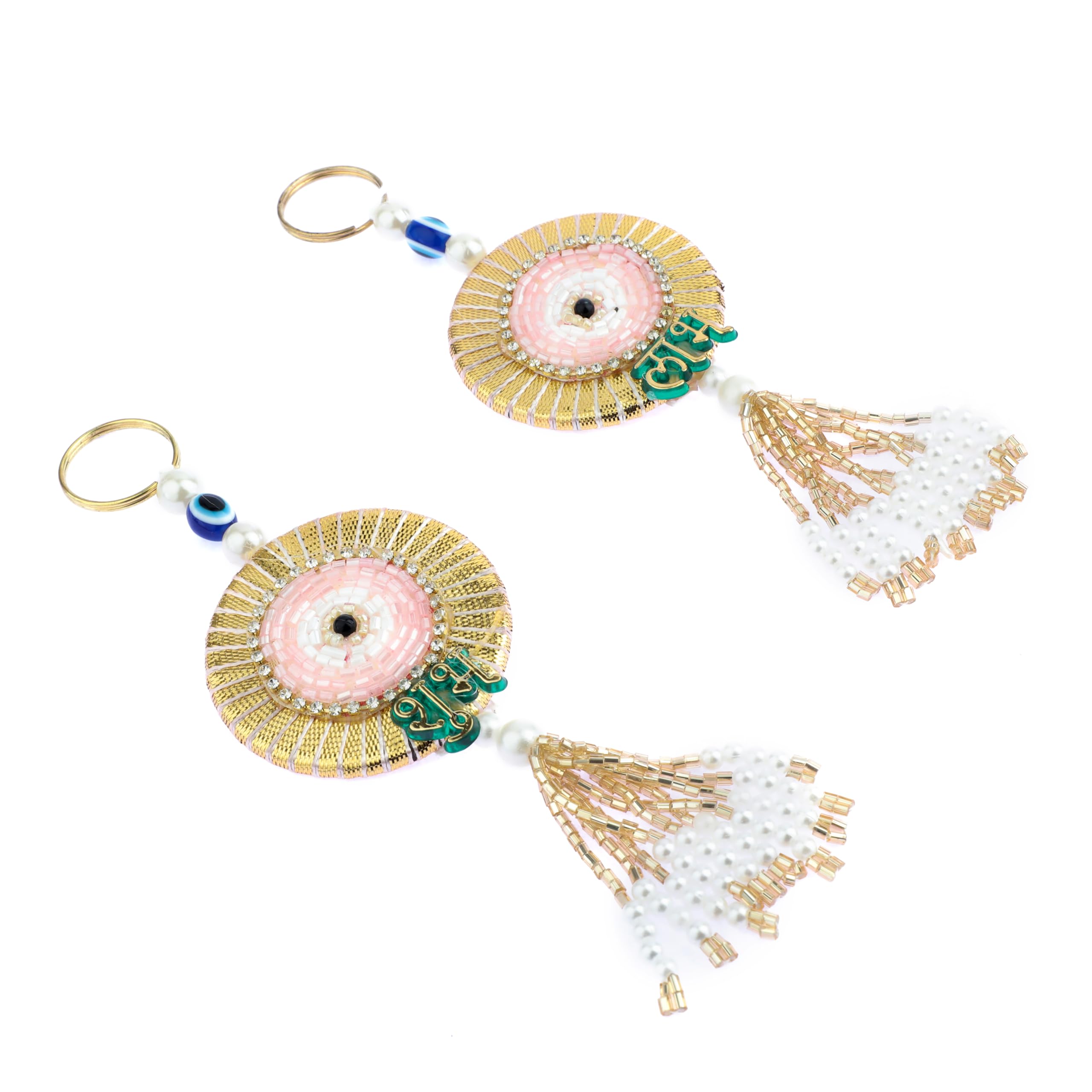 Auspicious Shubh Labh Hanging Evil Eye Bandanwar Door Wall Hanging Indian Traditional decor decorations Festival Handcrafted Valance Religious Showpiece for Home Temple Decor(Size:-5"X2")(Pink) - Image 2