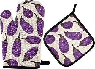 Pattern of Purple Eggplants and White Foam Decorative Mitts and Pot Holders Heat Insulated Kitchen Oven Gloves 2PCS for Kitchen Cooking BBQ